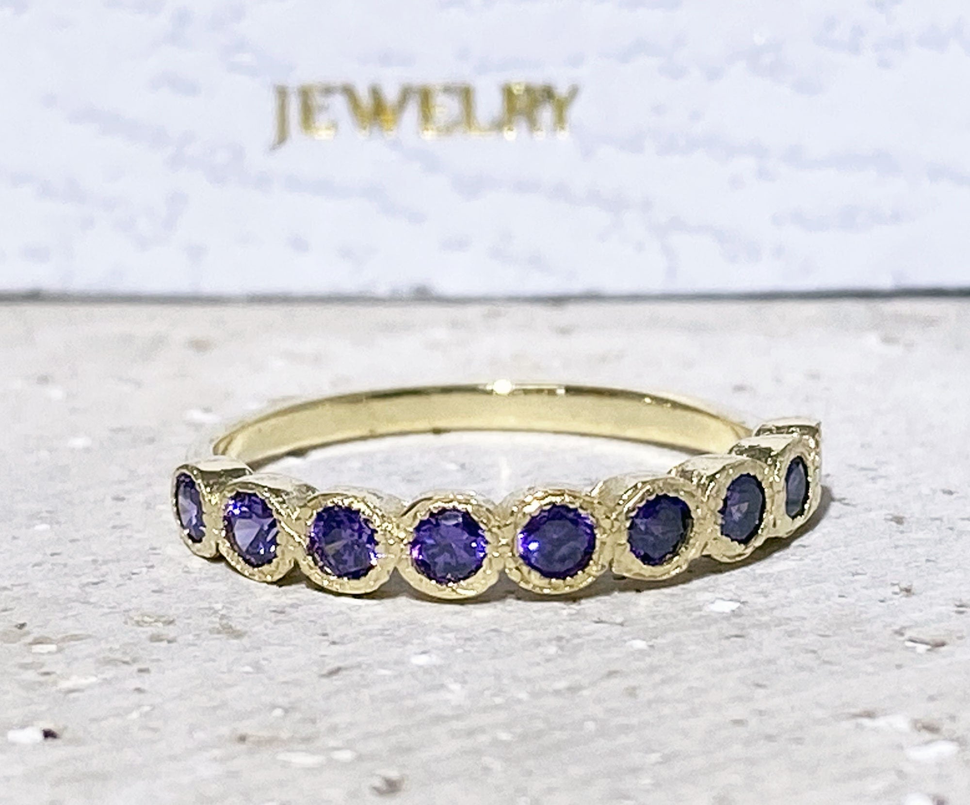 Amethyst Ring - February Birthstone - Stacking Ring with Nine Round Purple Amethyst Stones - H.L.Jewelry