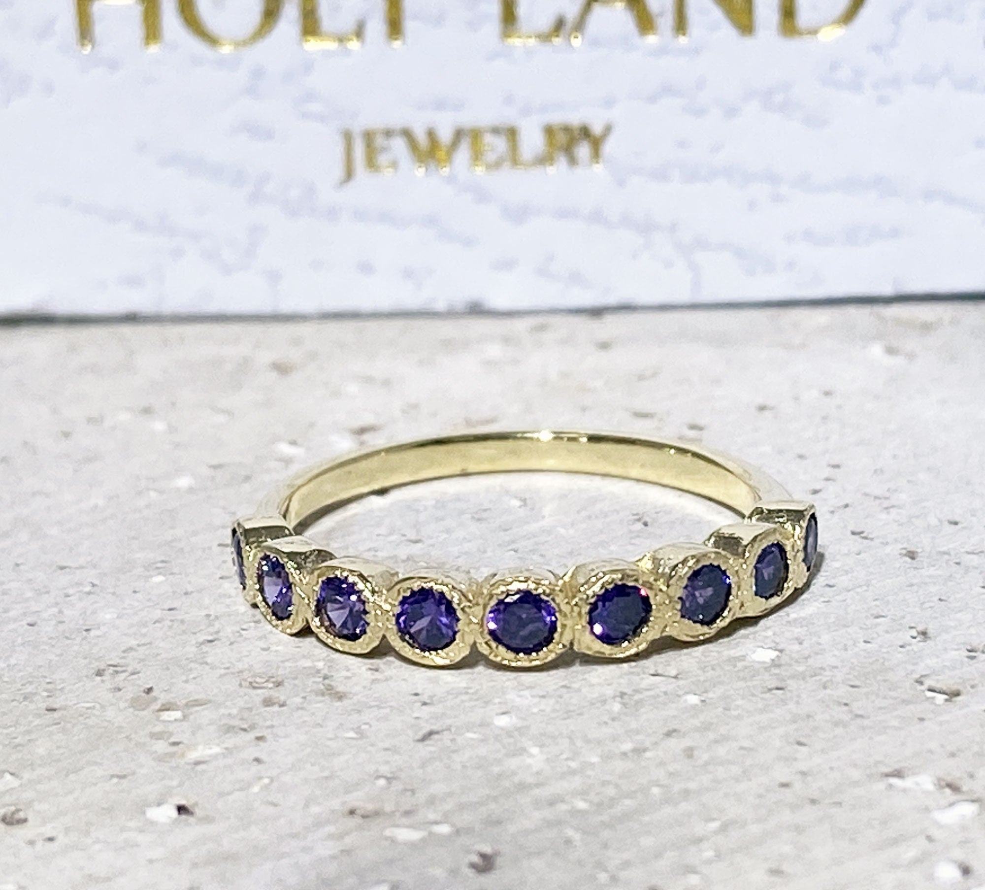 Amethyst Ring - February Birthstone - Stacking Ring with Nine Round Purple Amethyst Stones - H.L.Jewelry