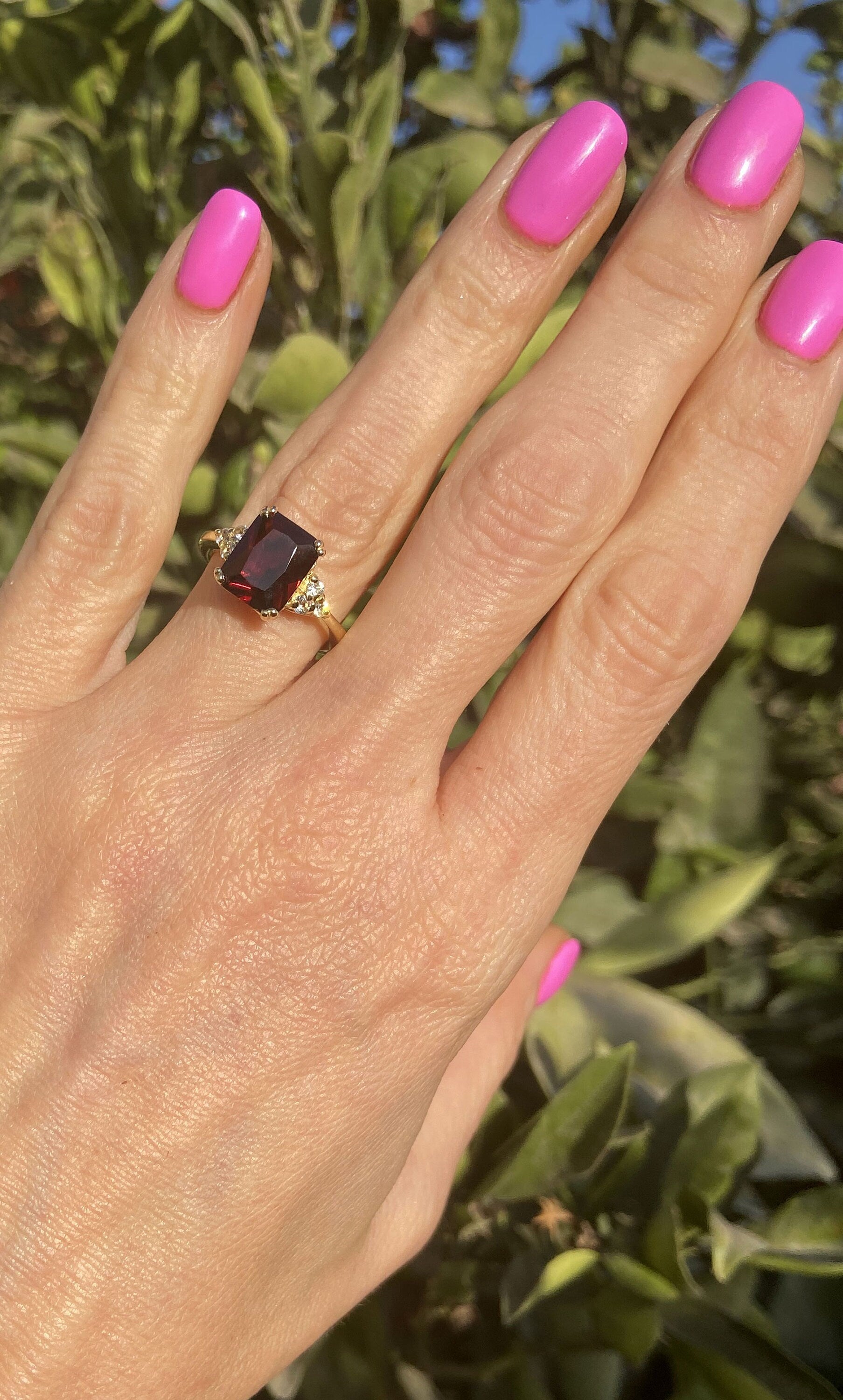 Red Garnet Ring - January Birthstone - Octagon Red Garnet Gemstone Statement Engagement Ring with Clear Quartz Accents - H.L.Jewelry