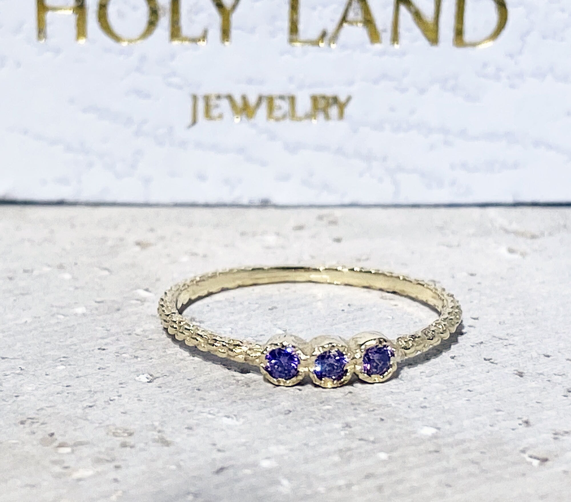 Amethyst Ring - February Birthstone - Tiny Stacking Ring with Three Round Amethyst Gemstones - H.L.Jewelry