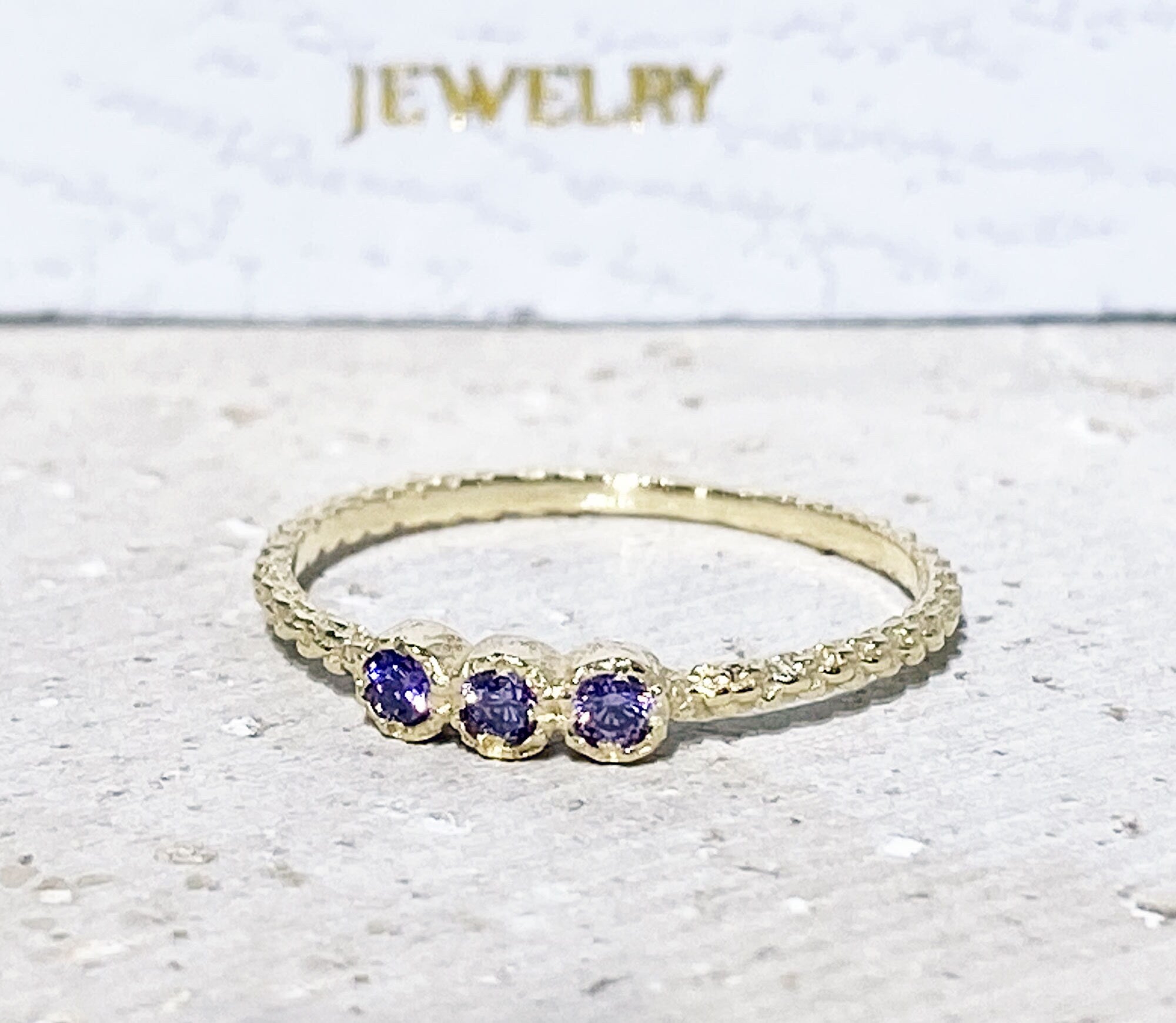 Amethyst Ring - February Birthstone - Tiny Stacking Ring with Three Round Amethyst Gemstones - H.L.Jewelry