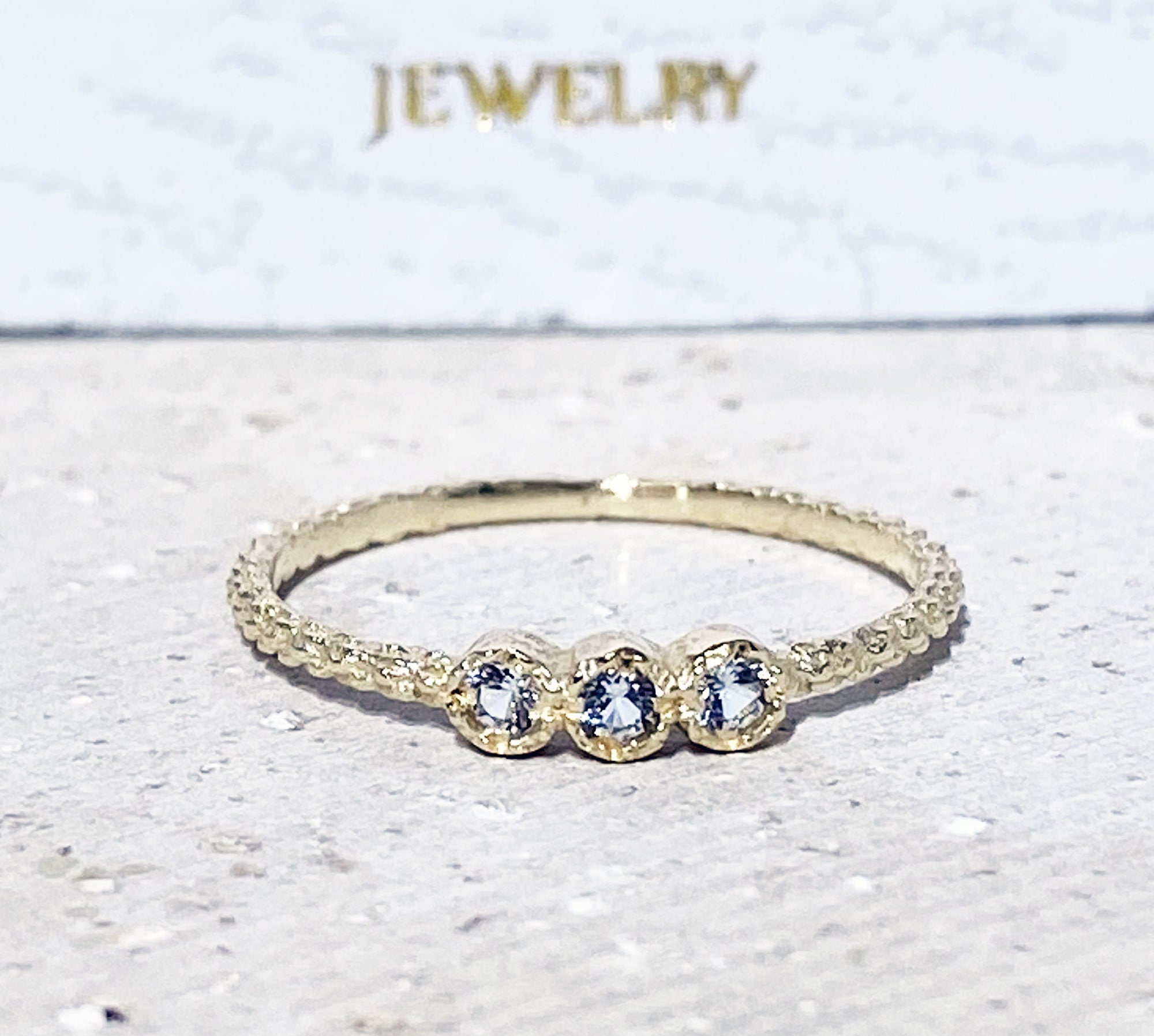 Aquamarine Ring - March Birthstone - Tiny Stacking Ring with Three Round Aquamarine Gemstones - H.L.Jewelry