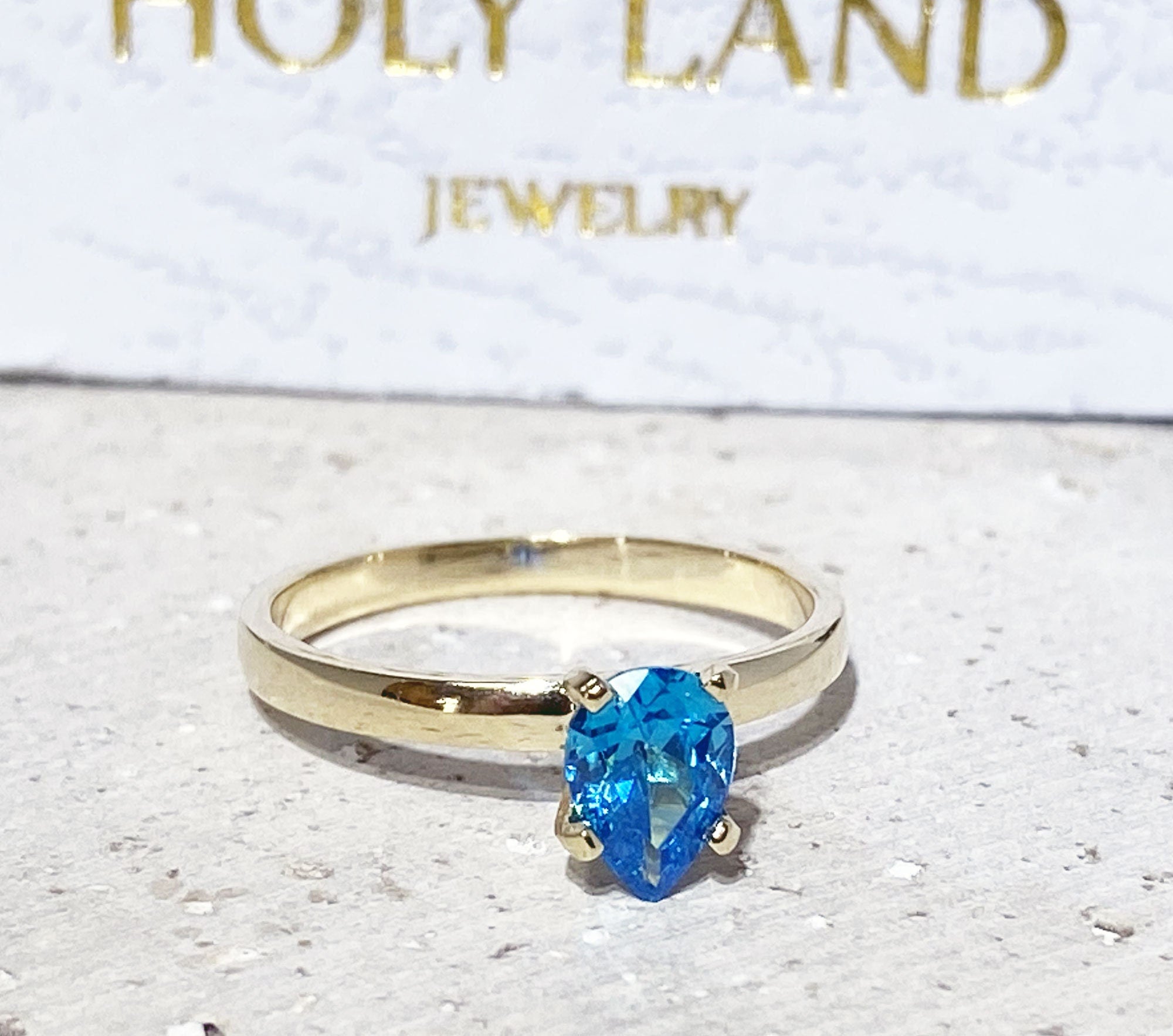 Blue Topaz Ring - December Birthstone - Solitaire Ring with Pear-Shaped Blue Topaz Gemstone - H.L.Jewelry