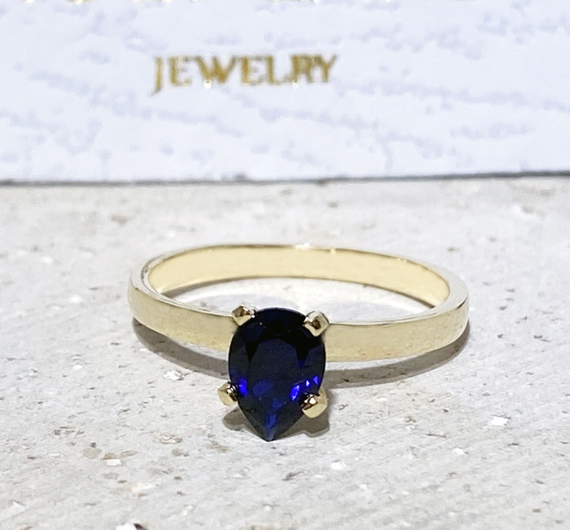 Blue Sapphire Ring - September Birthstone - Solitaire Ring with Pear-Shaped Blue Sapphire Gemstone - H.L.Jewelry