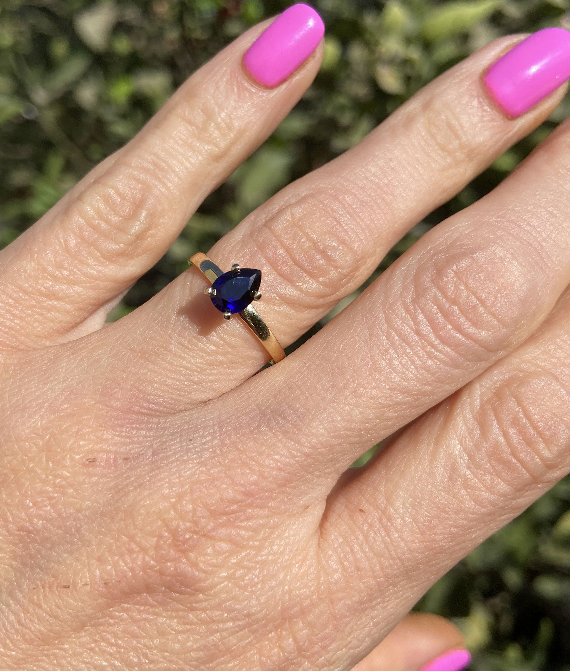 Blue Sapphire Ring - September Birthstone - Solitaire Ring with Pear-Shaped Blue Sapphire Gemstone - H.L.Jewelry