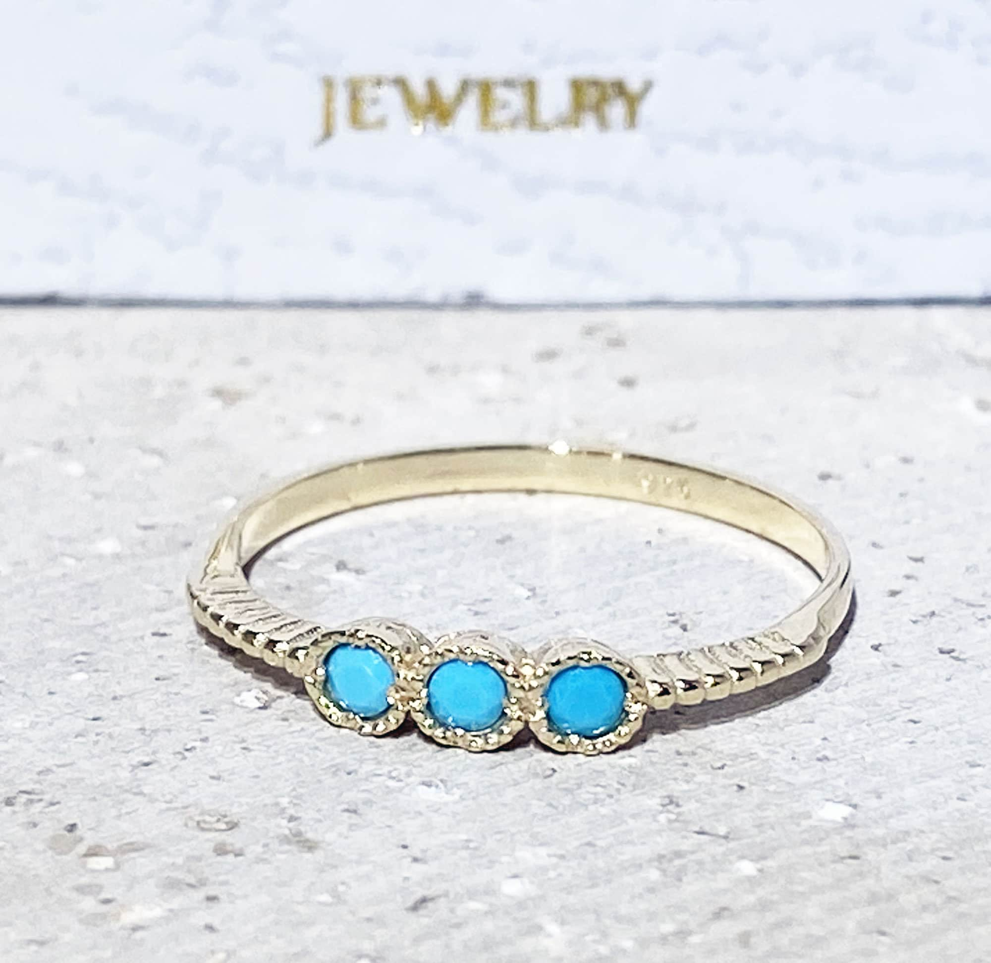 Blue Turquoise Ring - Sleeping Beauty Turquoise - December Birthstone - Three Round Blue Turquoise Gemstones Delicate Stacking Ring - H.L.Jewelry