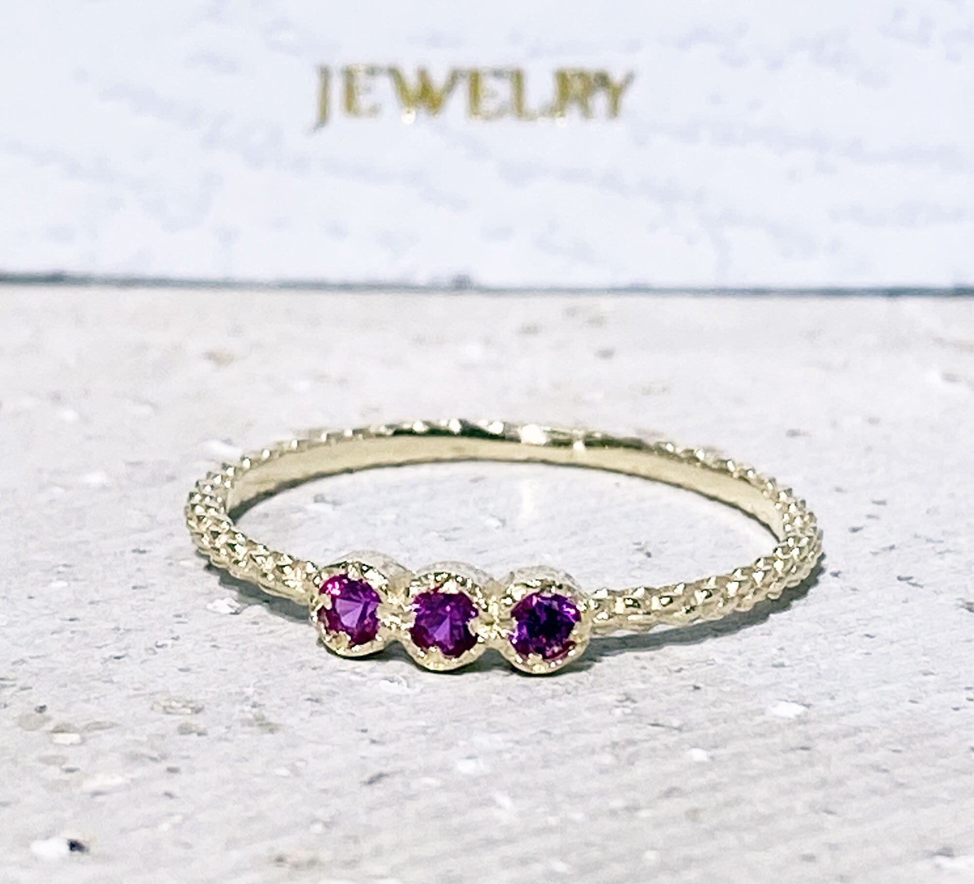 Ruby Ring - July Birthstone Jewelry - Tiny Stacking Ring with Three Round Ruby Gemstones - H.L.Jewelry