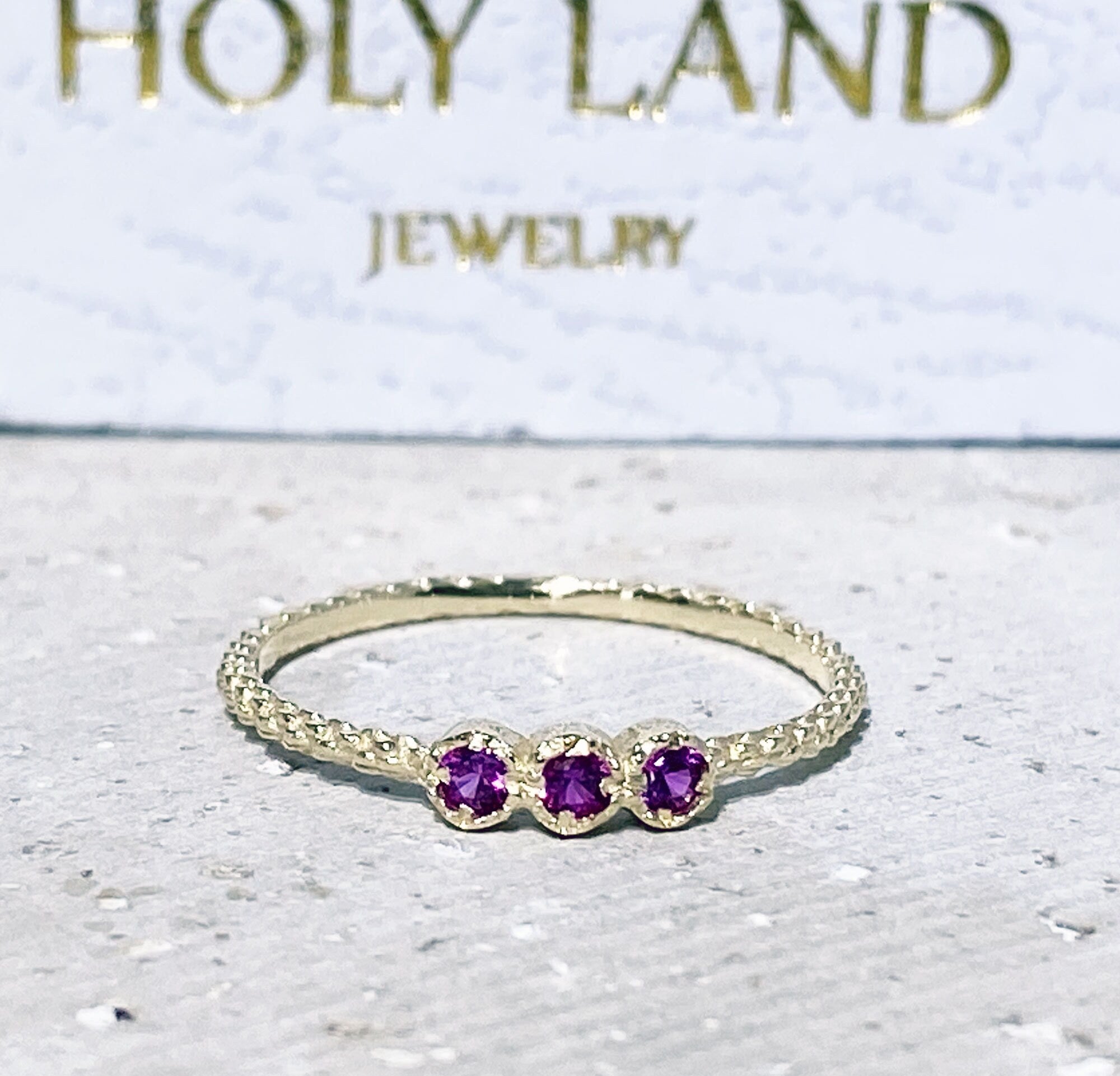 Ruby Ring - July Birthstone Jewelry - Tiny Stacking Ring with Three Round Ruby Gemstones - H.L.Jewelry