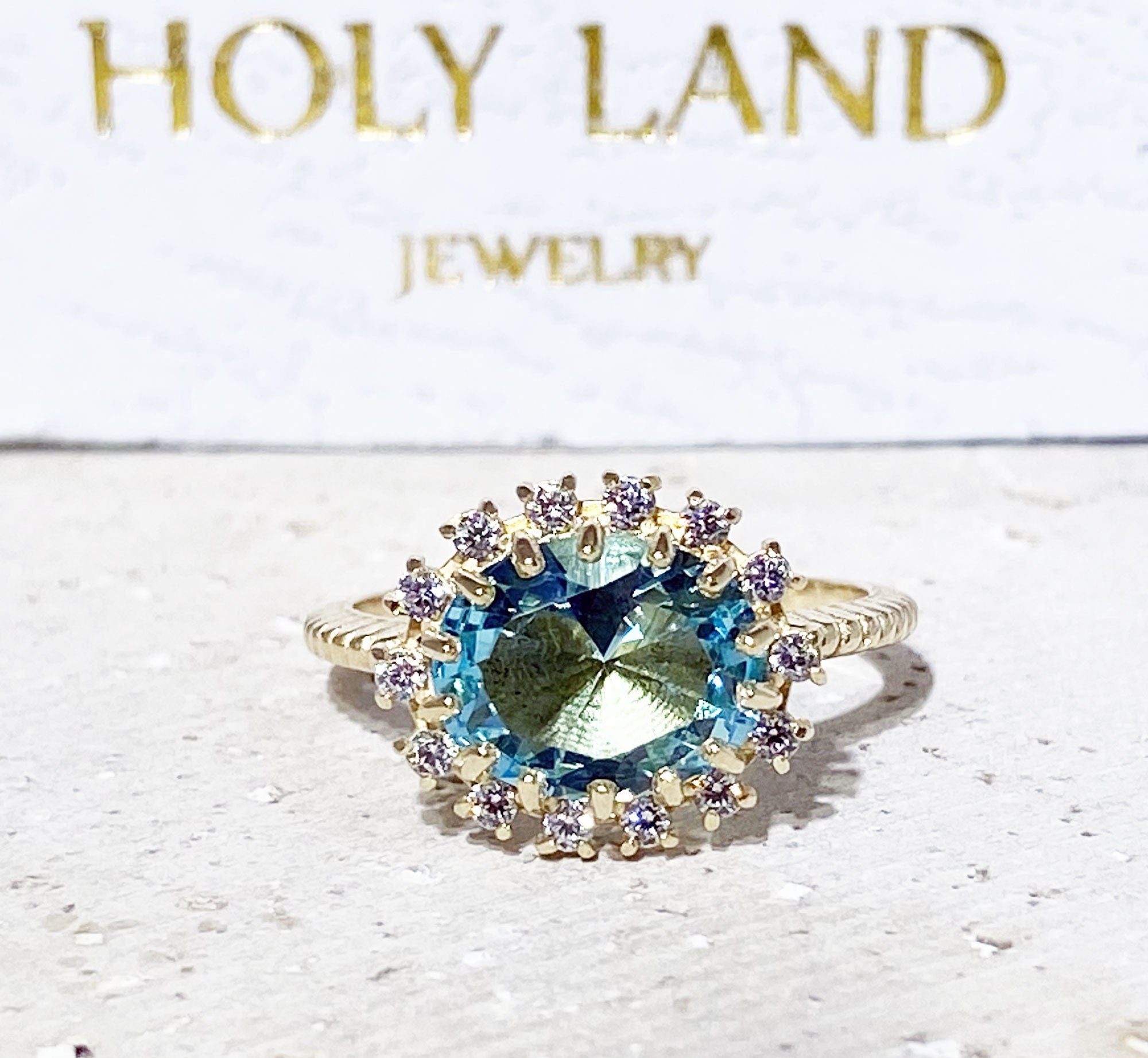 Aquamarine Ring - March Birthstone - Engagement Ring with Oval Aquamarine Center Stone and Clear Quartz Halo - H.L.Jewelry