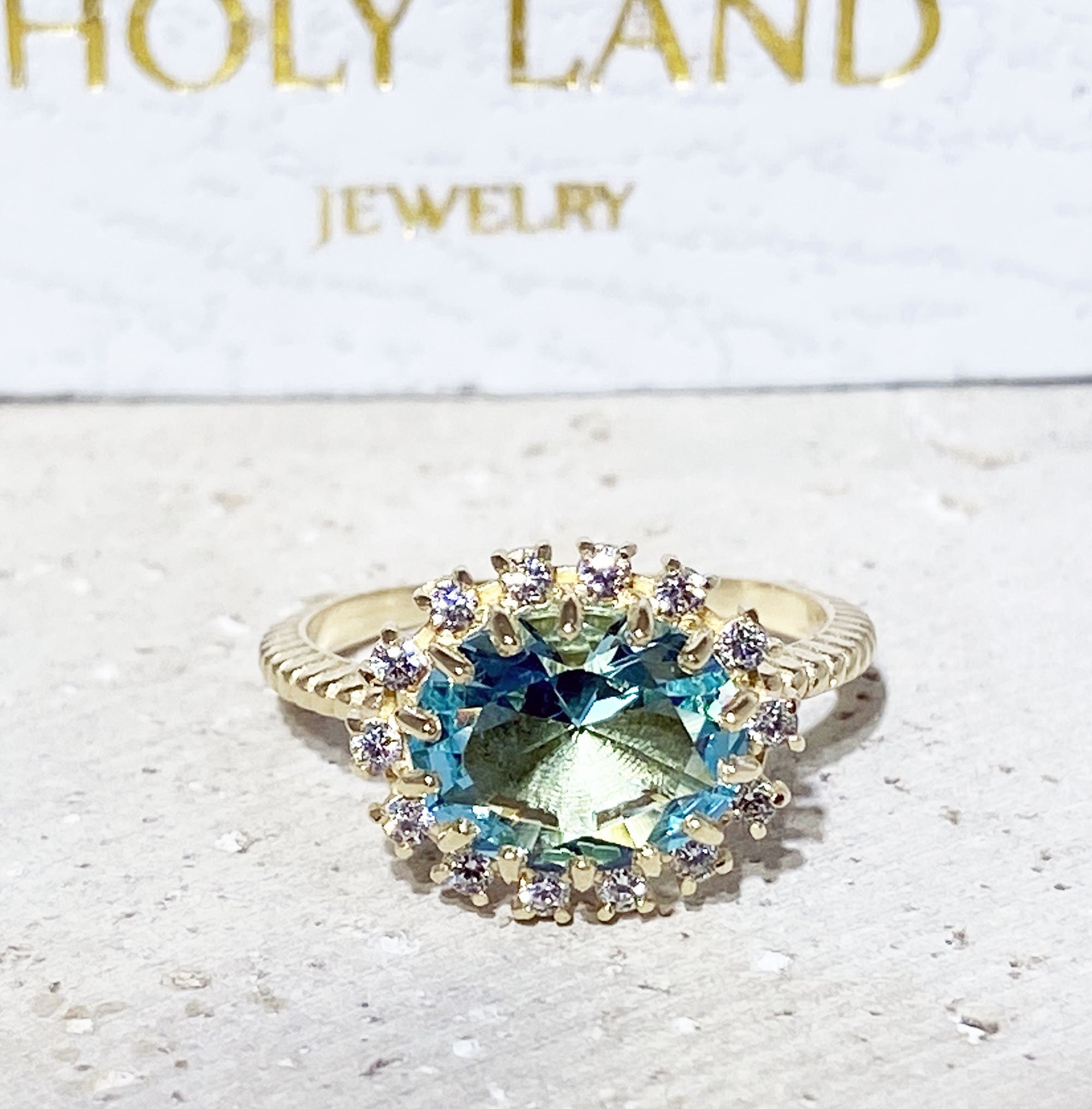 Aquamarine Ring - March Birthstone - Engagement Ring with Oval Aquamarine Center Stone and Clear Quartz Halo - H.L.Jewelry