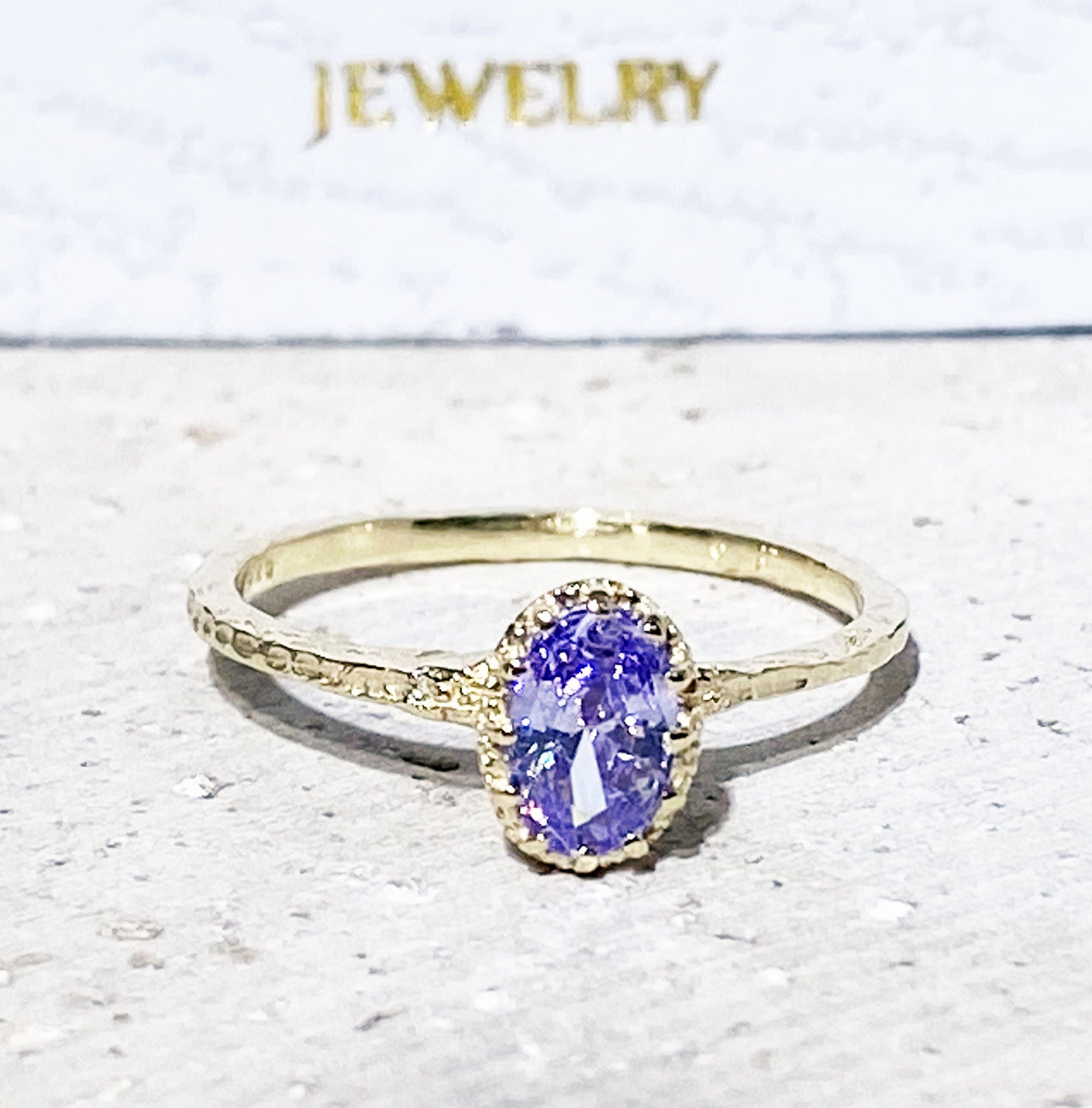 Lavender Amethyst Ring - Delicate Hammered Ring with Oval Lavender Amethyst Gemstone - H.L.Jewelry