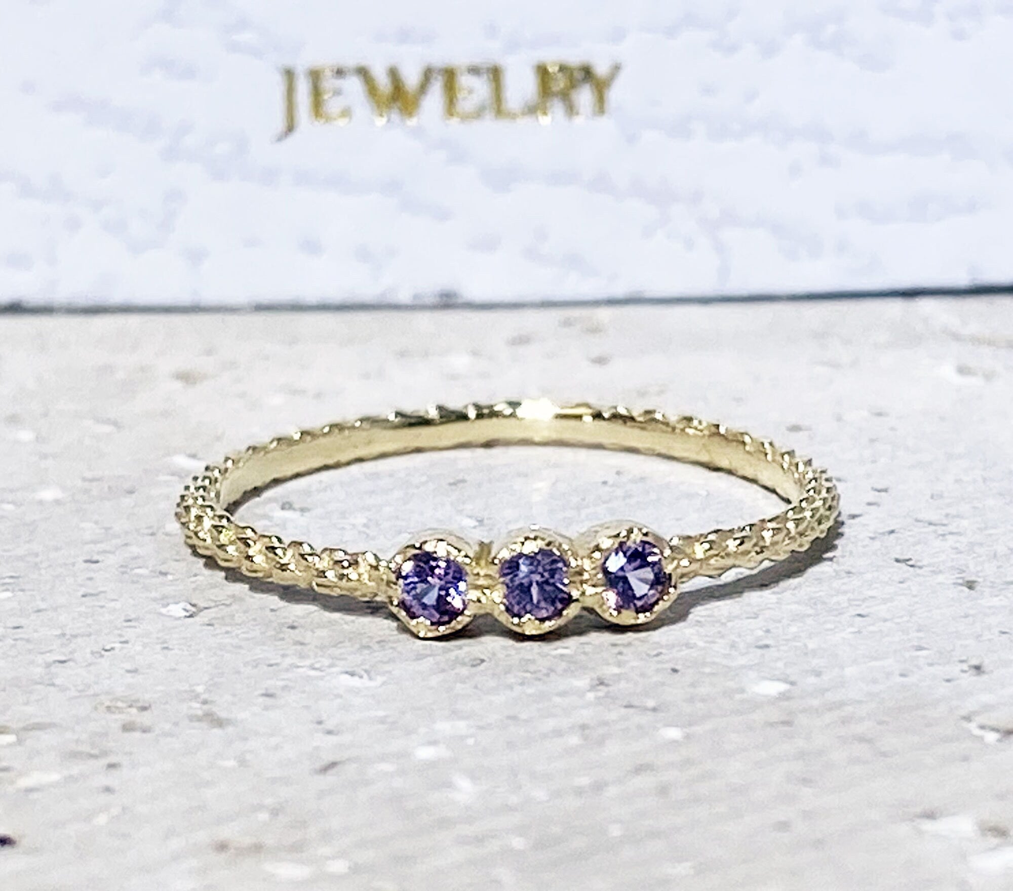 Alexandrite Ring - June Birthstone - Stacking Ring with Three Round Alexandrite Stones - H.L.Jewelry