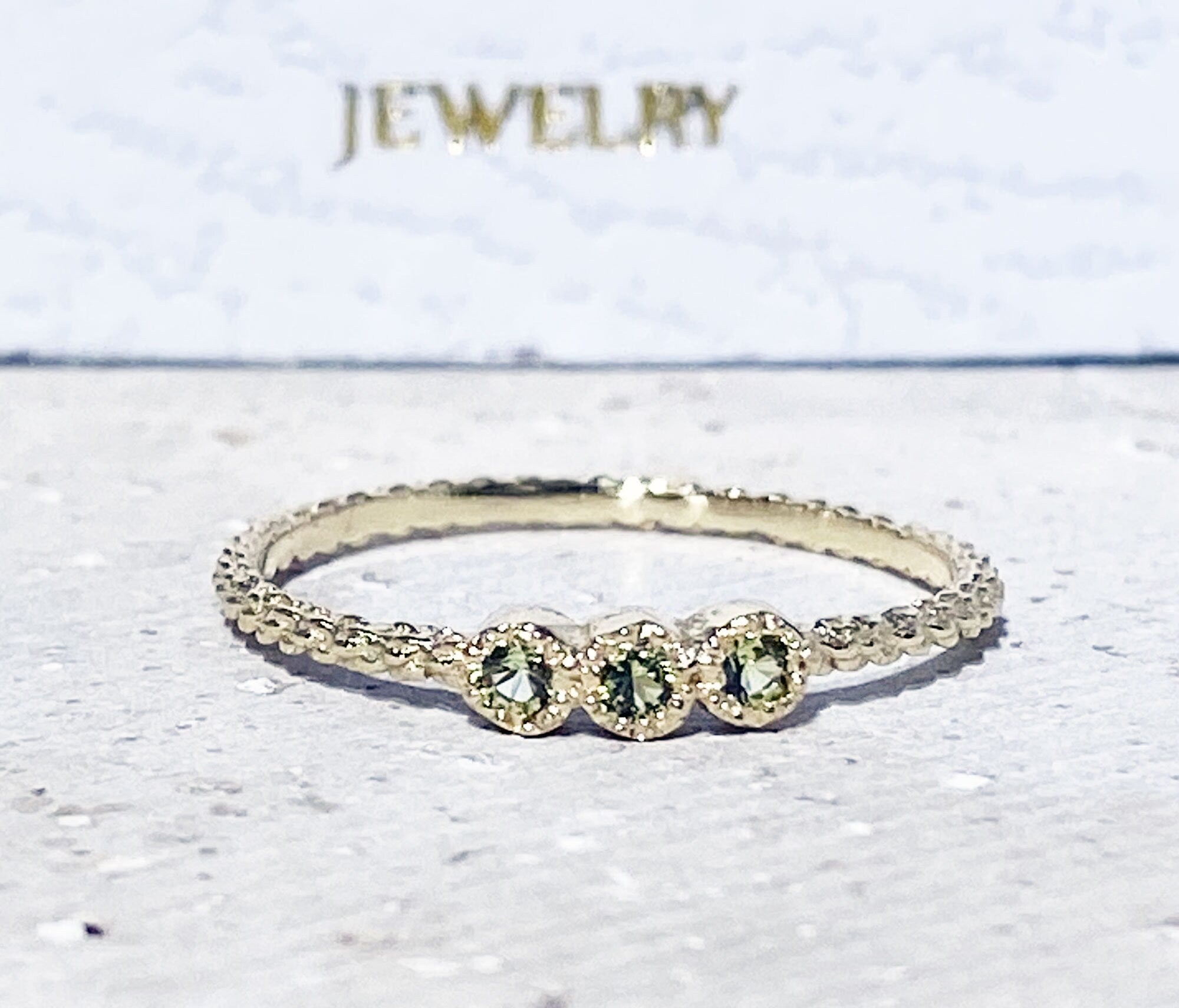 Peridot Ring - August Birthstone - Delicate Stacking Ring with Three Round Peridot Gemstones - H.L.Jewelry