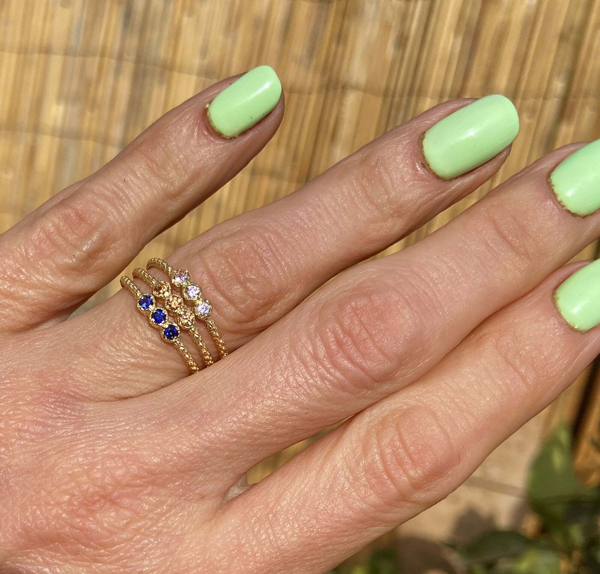 Peridot Ring - August Birthstone - Delicate Stacking Ring with Three Round Peridot Gemstones - H.L.Jewelry