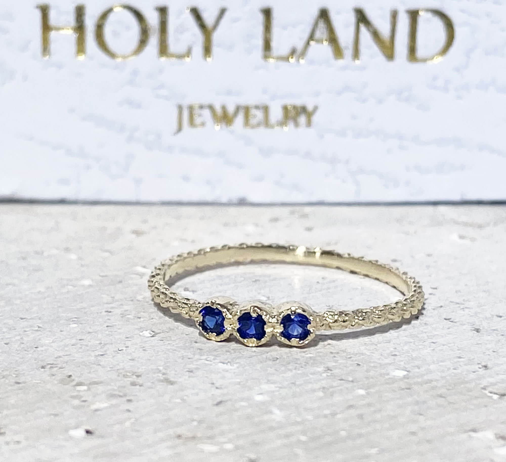 Blue Sapphire Ring - September Birthstone - Delicate Stacking Ring with Three Round Blue Sapphire Gemstones - H.L.Jewelry