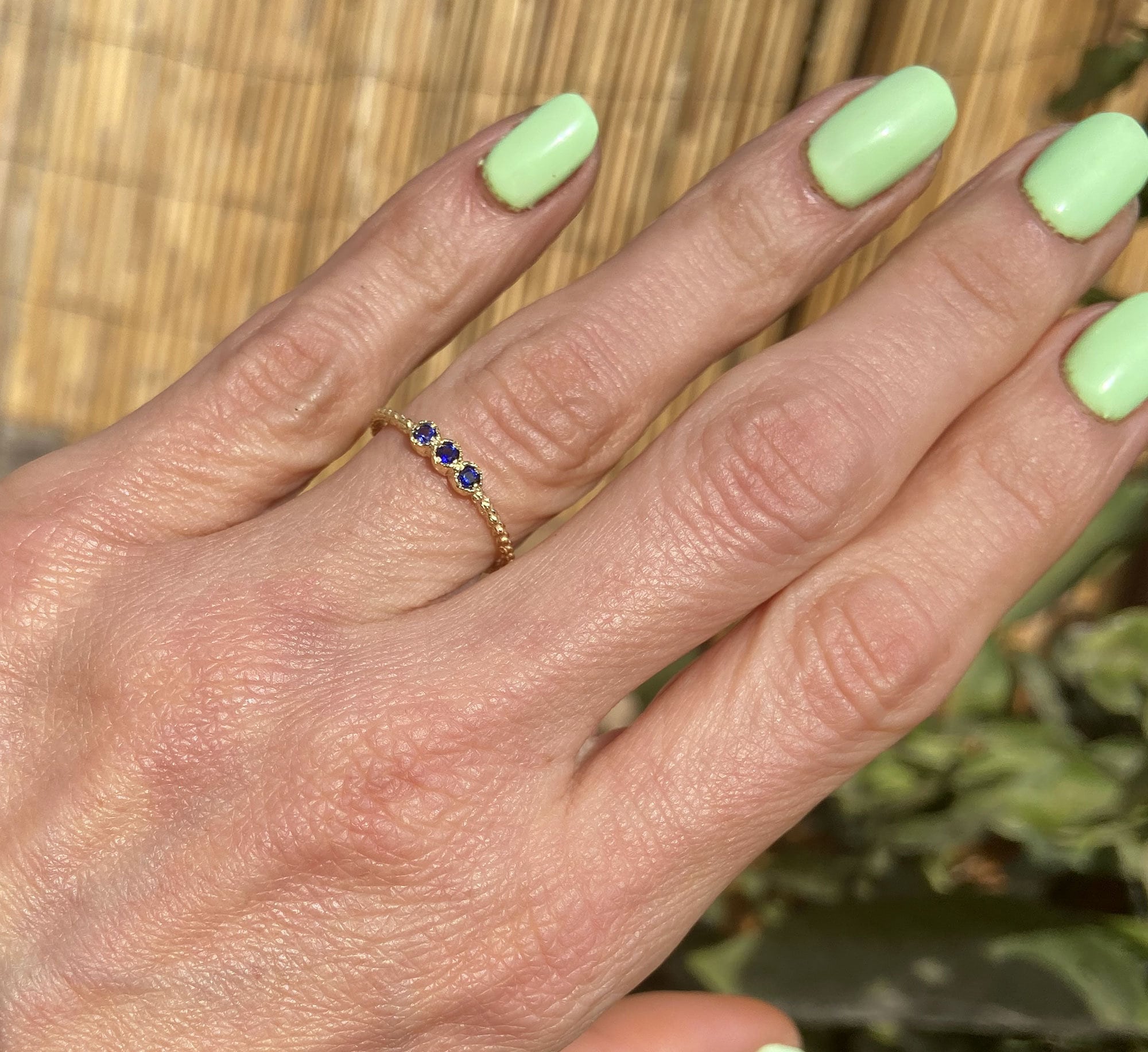 Blue Sapphire Ring - September Birthstone - Delicate Stacking Ring with Three Round Blue Sapphire Gemstones - H.L.Jewelry