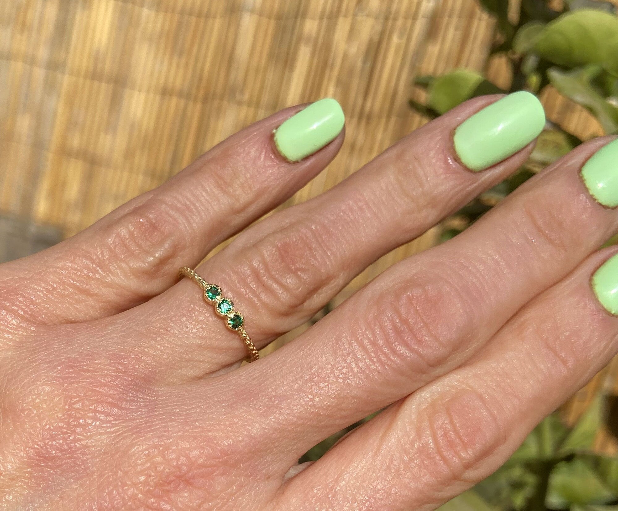 Emerald Ring - May Birthstone Jewelry - Delicate Stacking Ring with Three Round Emeralds - H.L.Jewelry