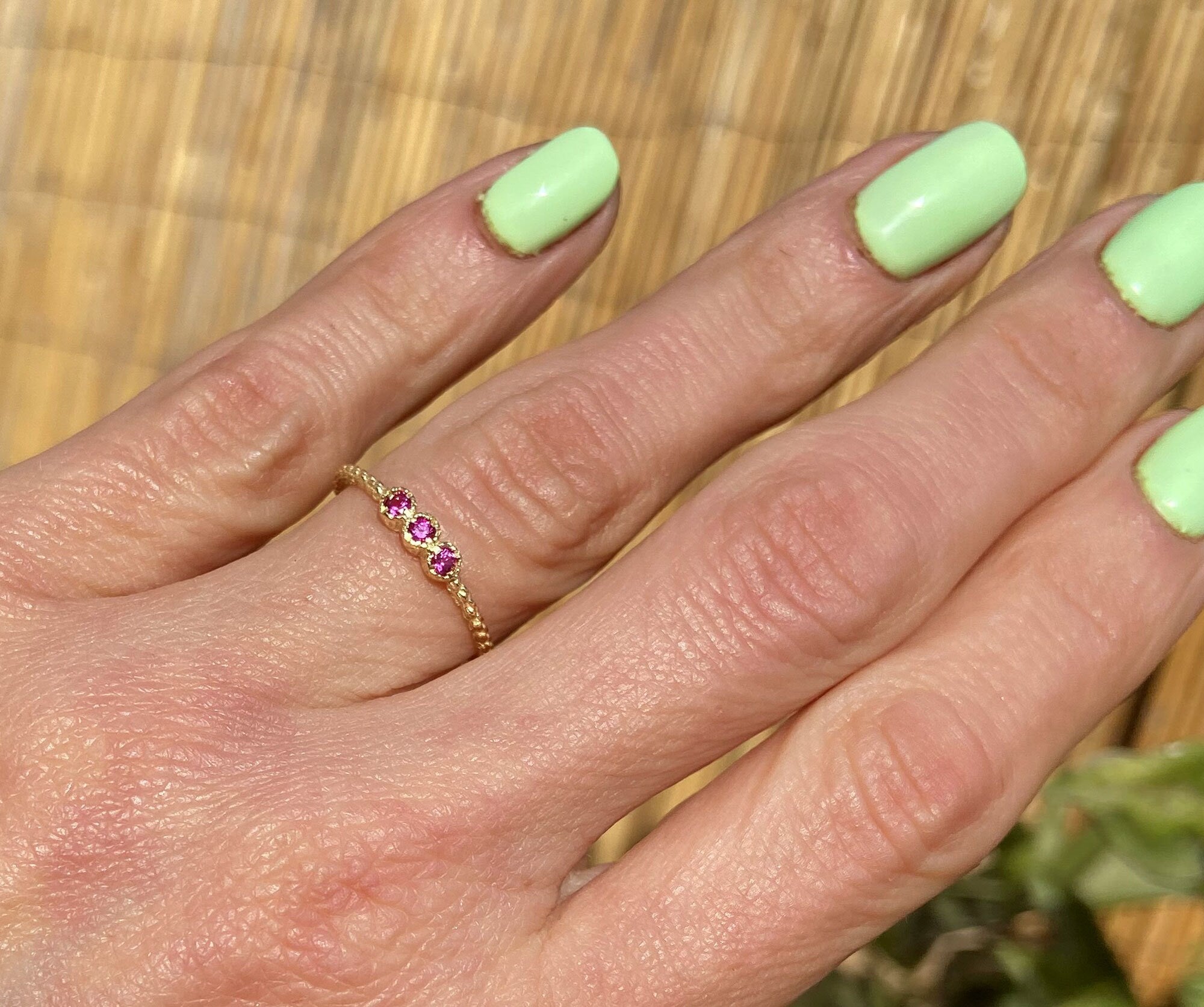 Ruby Ring - July Birthstone Jewelry - Tiny Stacking Ring with Three Round Ruby Gemstones - H.L.Jewelry