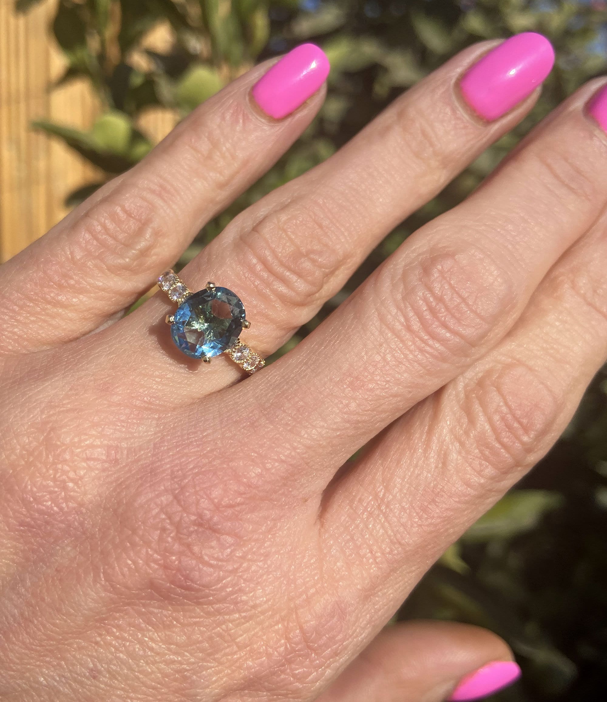 Blue Topaz Ring - December Birthstone - Oval Blue Topaz Gemstone Statement Engagement Ring with Clear Quartz Accents - H.L.Jewelry