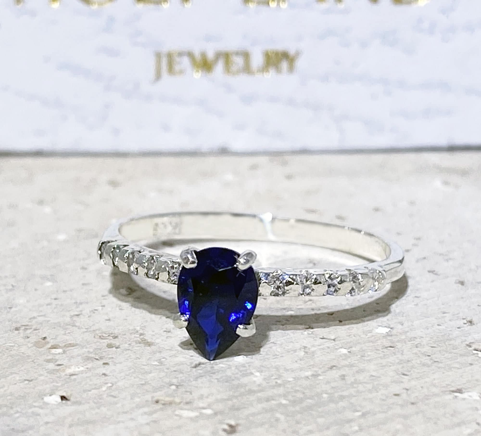 Blue Sapphire Ring - September Birthstone - Pear Shaped Blue Sapphire Gemstone Ring with Clear Quartz Accents - H.L.Jewelry