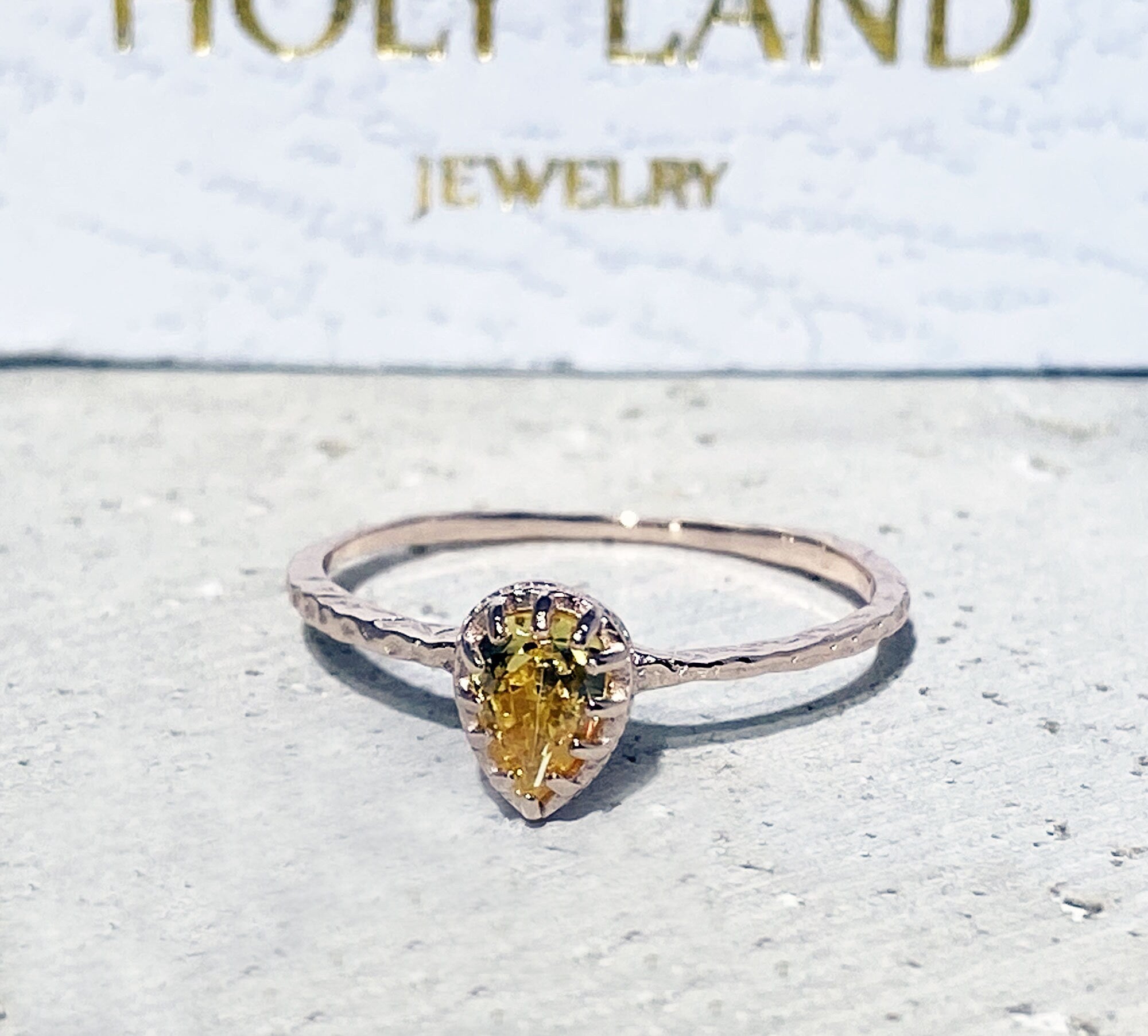 Citrine Ring - November Birthstone - Delicate Hammered Ring with Pear-Shaped Citrine Gemstone - H.L.Jewelry