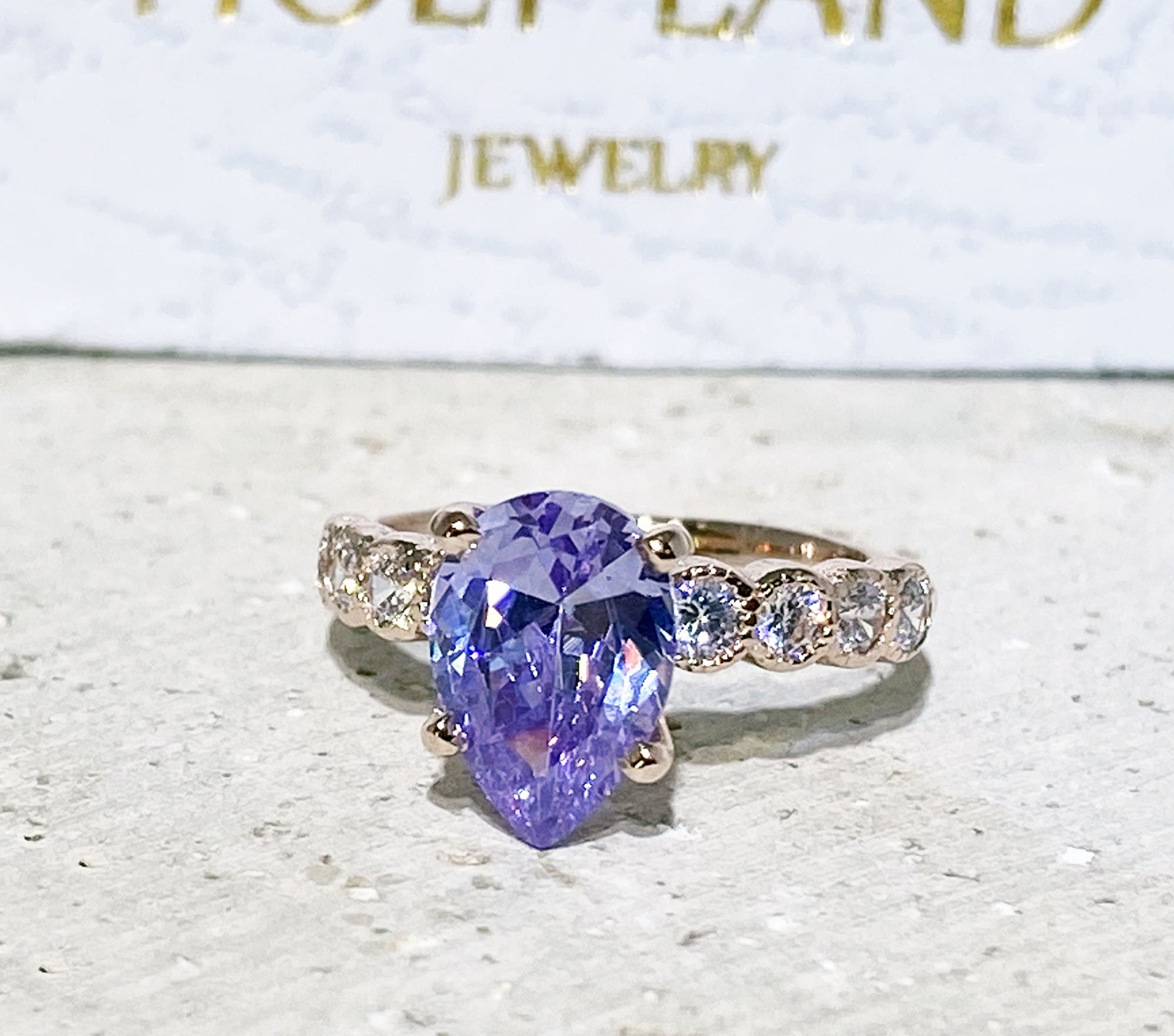 Lavender Amethyst Ring - Statement Engagement Ring with Pear-Shaped Lavender Amethyst Gemstone and Clear Quartz Accents - H.L.Jewelry