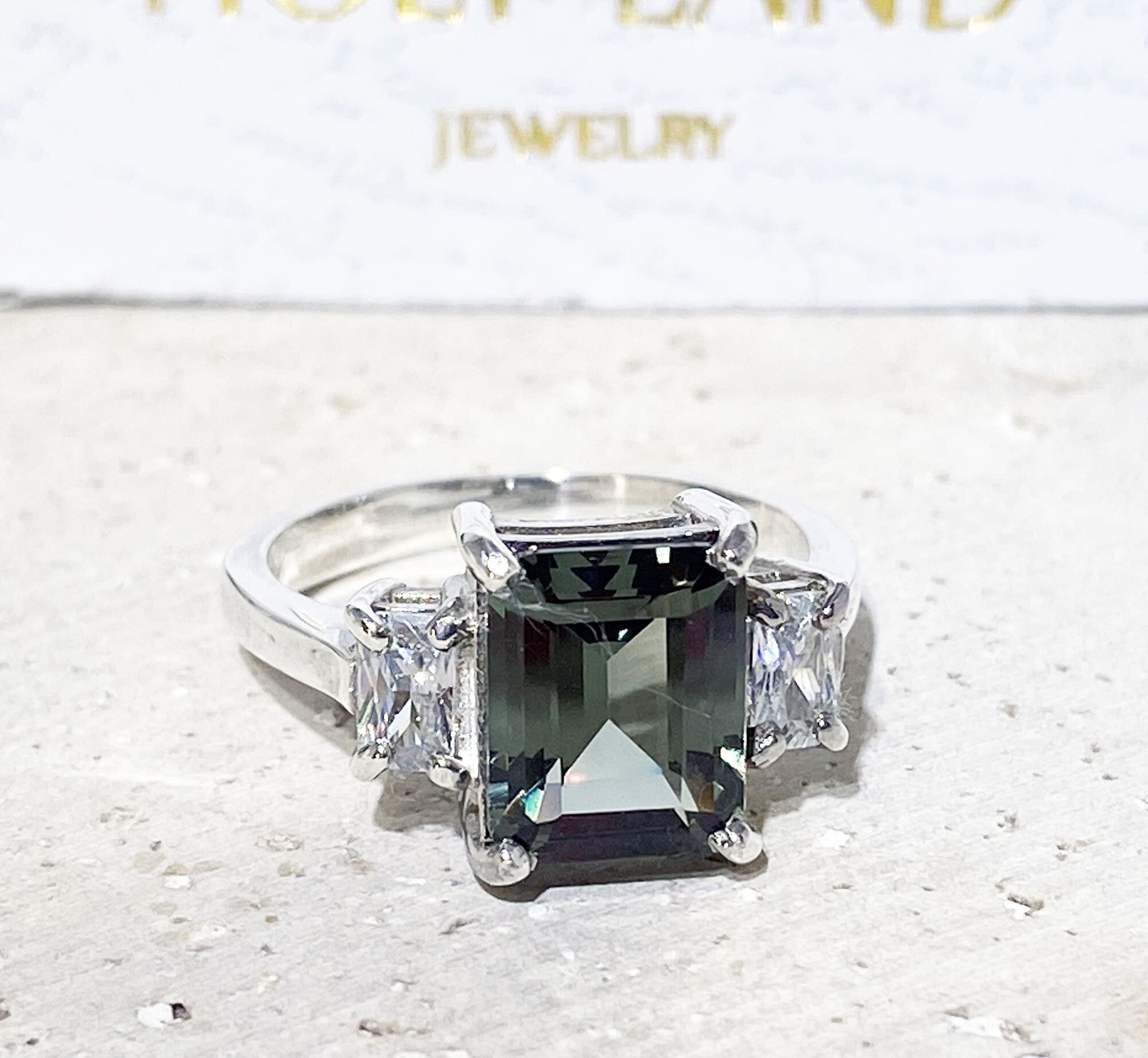 Green Tourmaline Ring - Statement Engagement Ring with Emerald-Cut Green Tourmaline Gemstone and Clear Quartz Accents - H.L.Jewelry