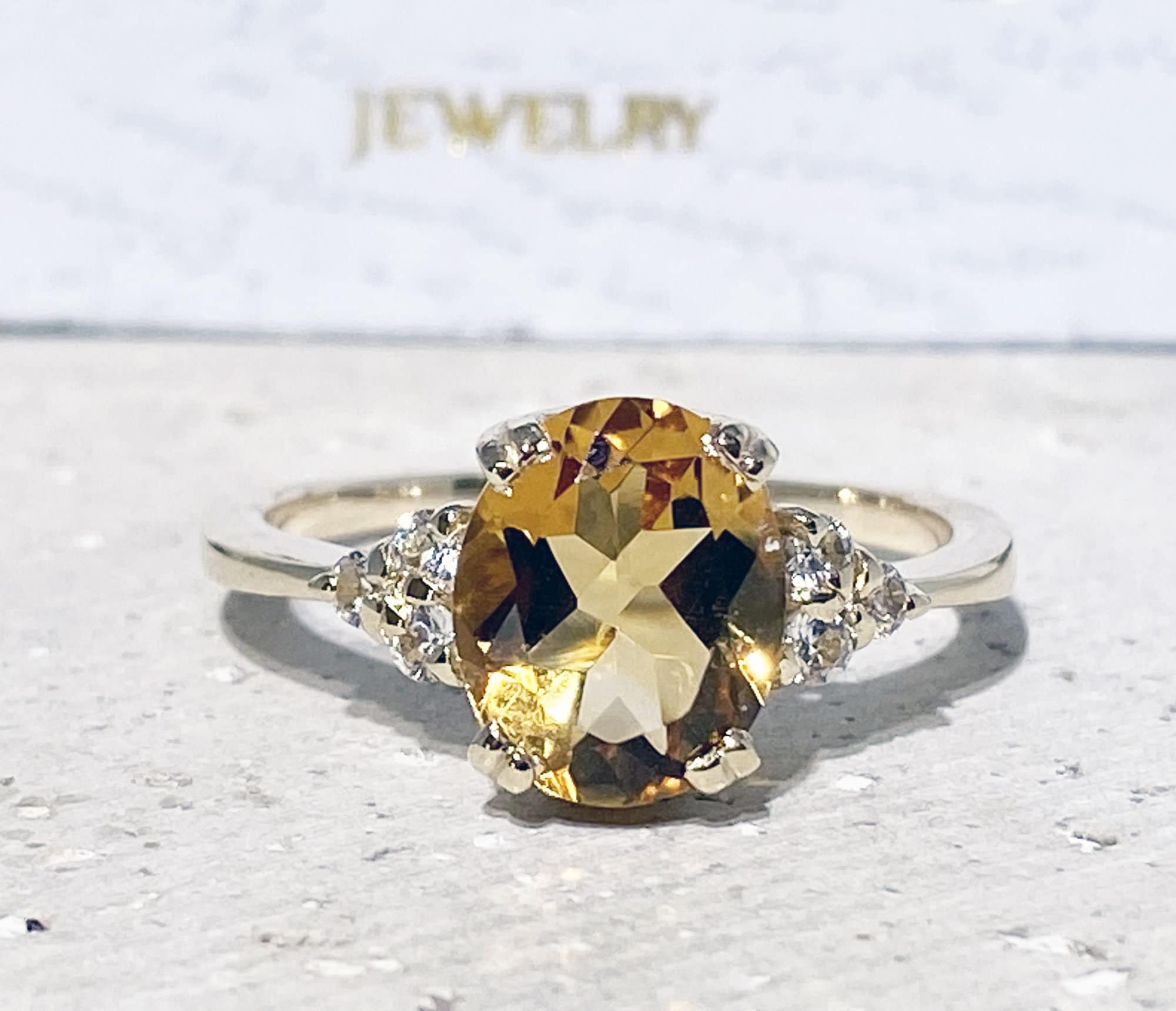 Citrine ring - November Birthstone - Oval Citrine Gemstone Statement Engagement Ring with Clear Quartz Accents - H.L.Jewelry