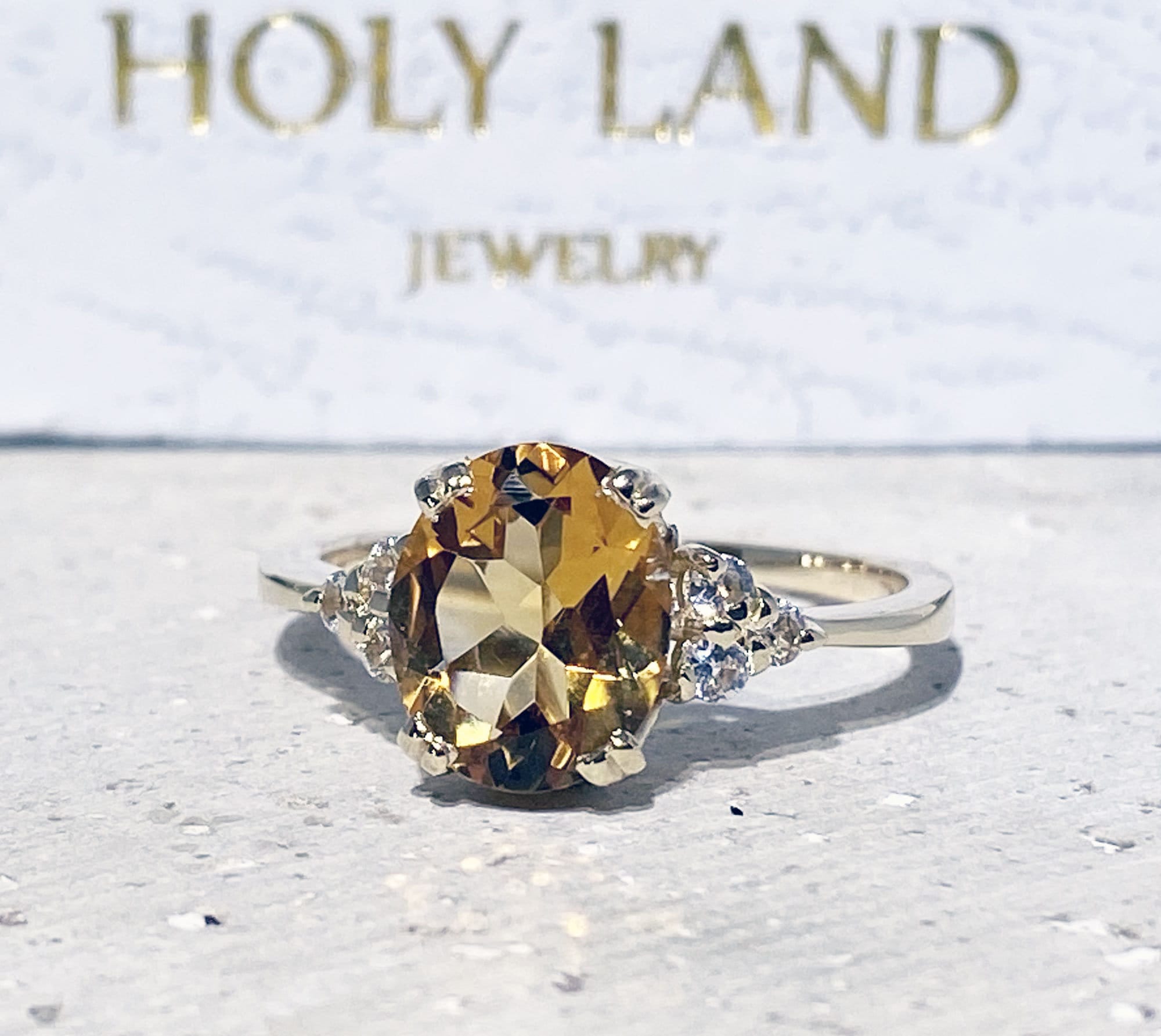 Citrine ring - November Birthstone - Oval Citrine Gemstone Statement Engagement Ring with Clear Quartz Accents - H.L.Jewelry