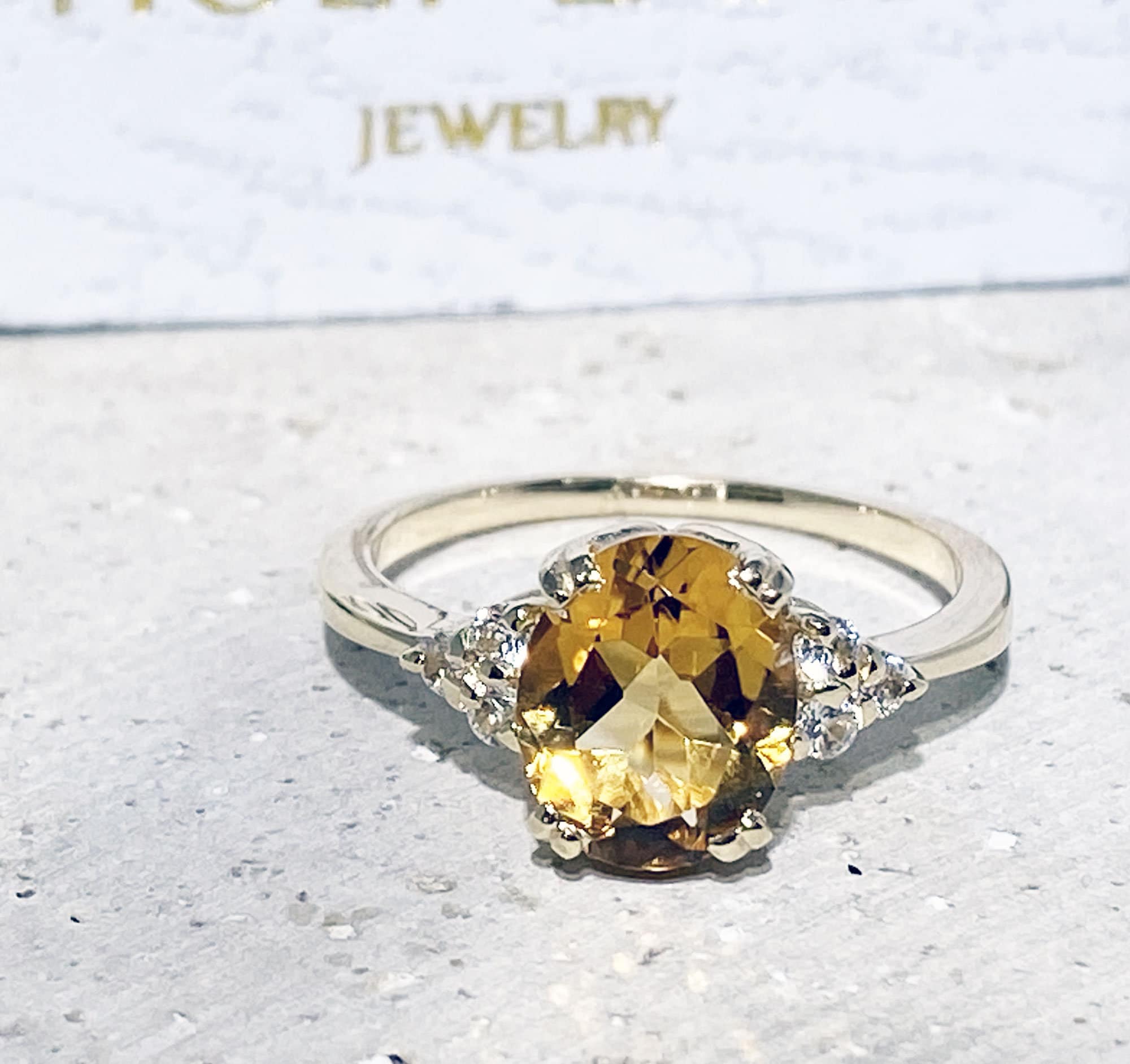 Citrine ring - November Birthstone - Oval Citrine Gemstone Statement Engagement Ring with Clear Quartz Accents - H.L.Jewelry