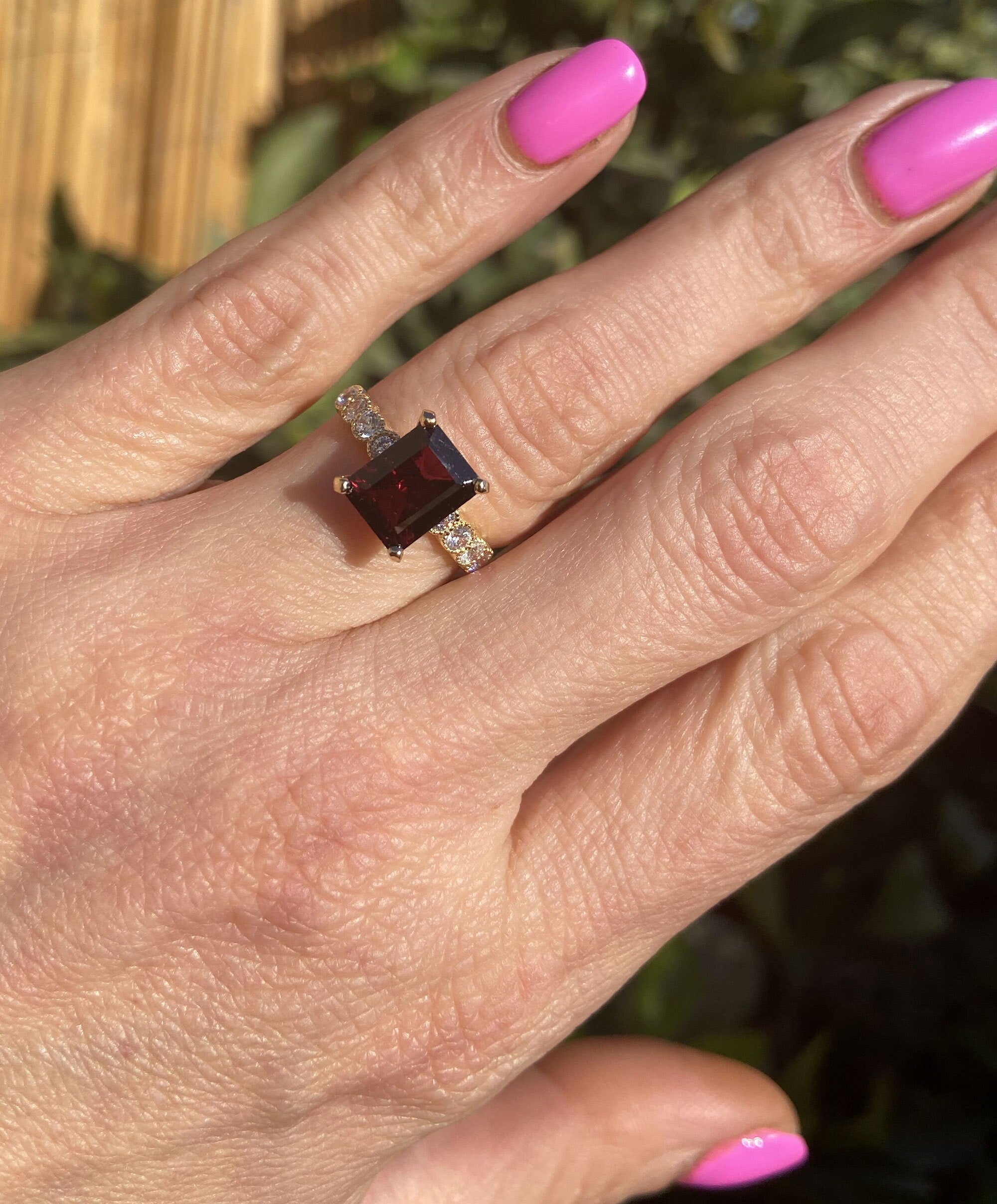 Red Garnet Ring - January Birthstone - Octagon Red Garnet Gemstone Statement Engagement Ring with Clear Quartz Accents - H.L.Jewelry