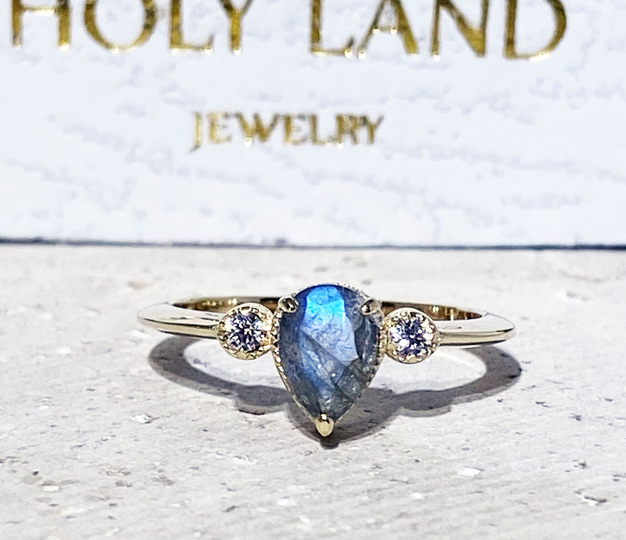 Labradorite Ring - Delicate Ring with Pear-Shaped Labradorite Gemstone and Clear Quartz Accents - H.L.Jewelry