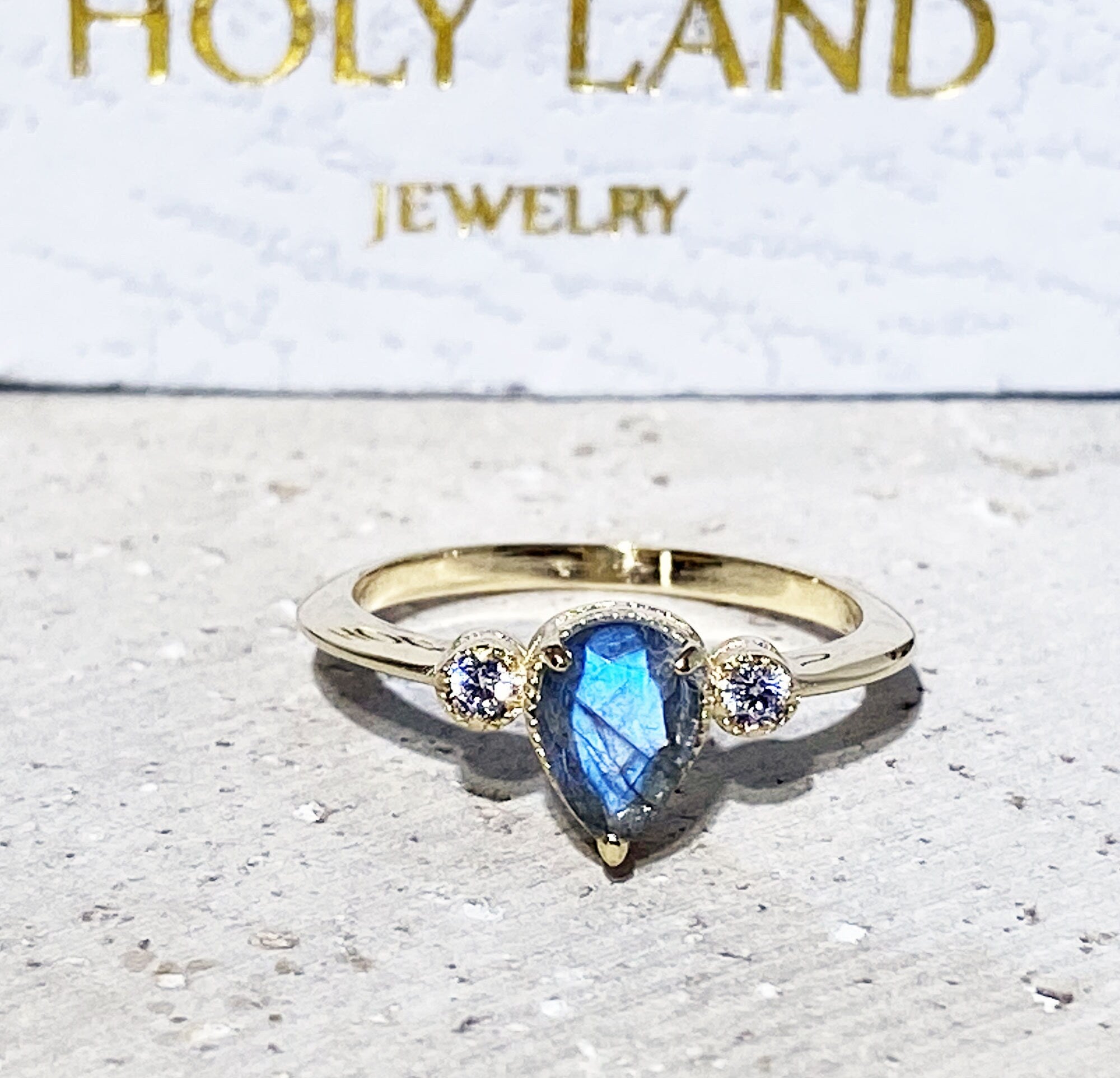 Labradorite Ring - Delicate Ring with Pear-Shaped Labradorite Gemstone and Clear Quartz Accents - H.L.Jewelry