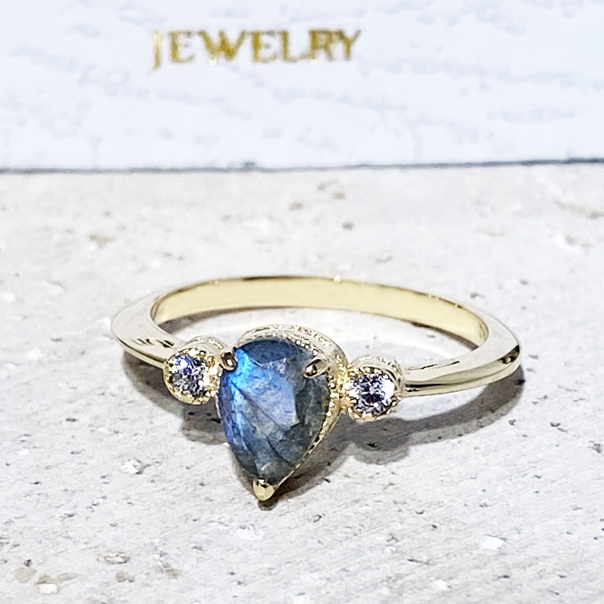 Labradorite Ring - Delicate Ring with Pear-Shaped Labradorite Gemstone and Clear Quartz Accents - H.L.Jewelry