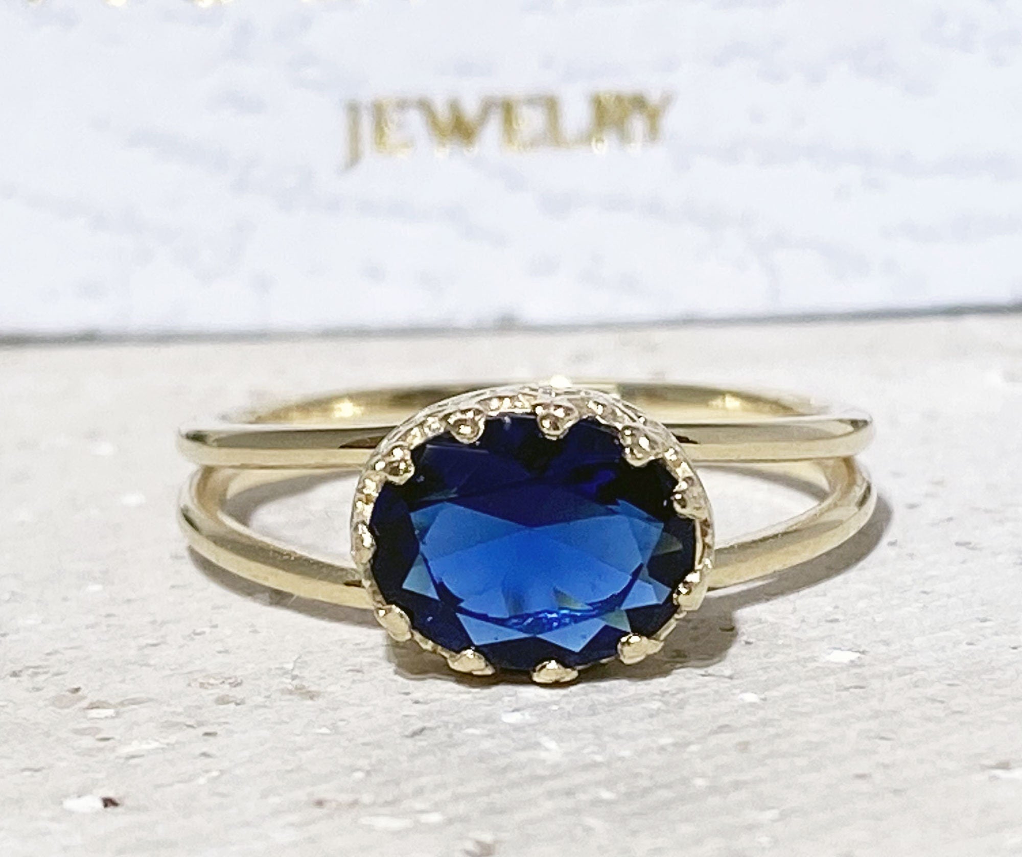 Blue Sapphire Ring - September Birthstone - Blue Sapphire Gemstone Double Band Vintage Oval Crown Ring - H.L.Jewelry