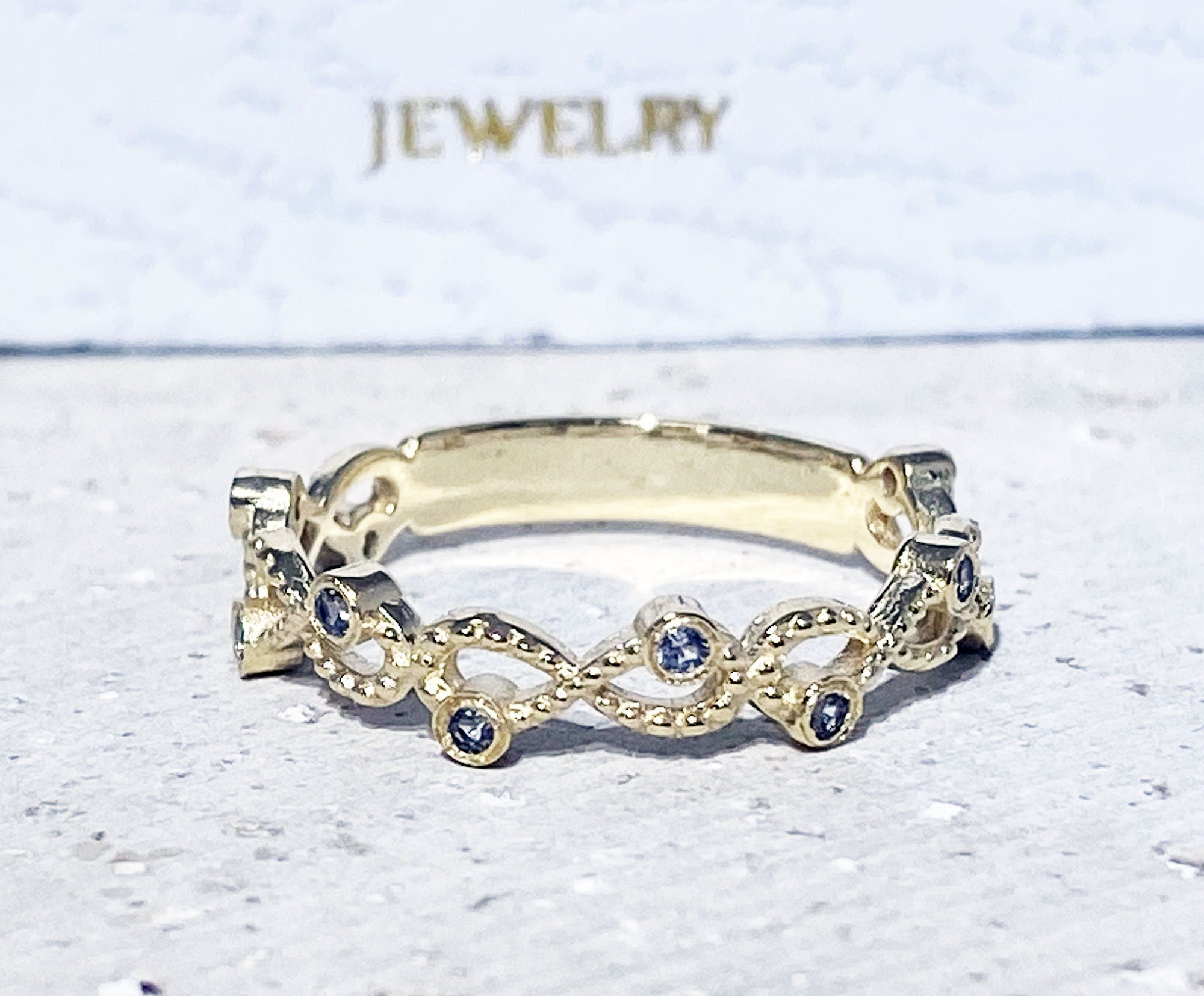 Aquamarine Ring - March Birthstone - Infinity Ring with Small Round Aquamarine Gemstones - H.L.Jewelry