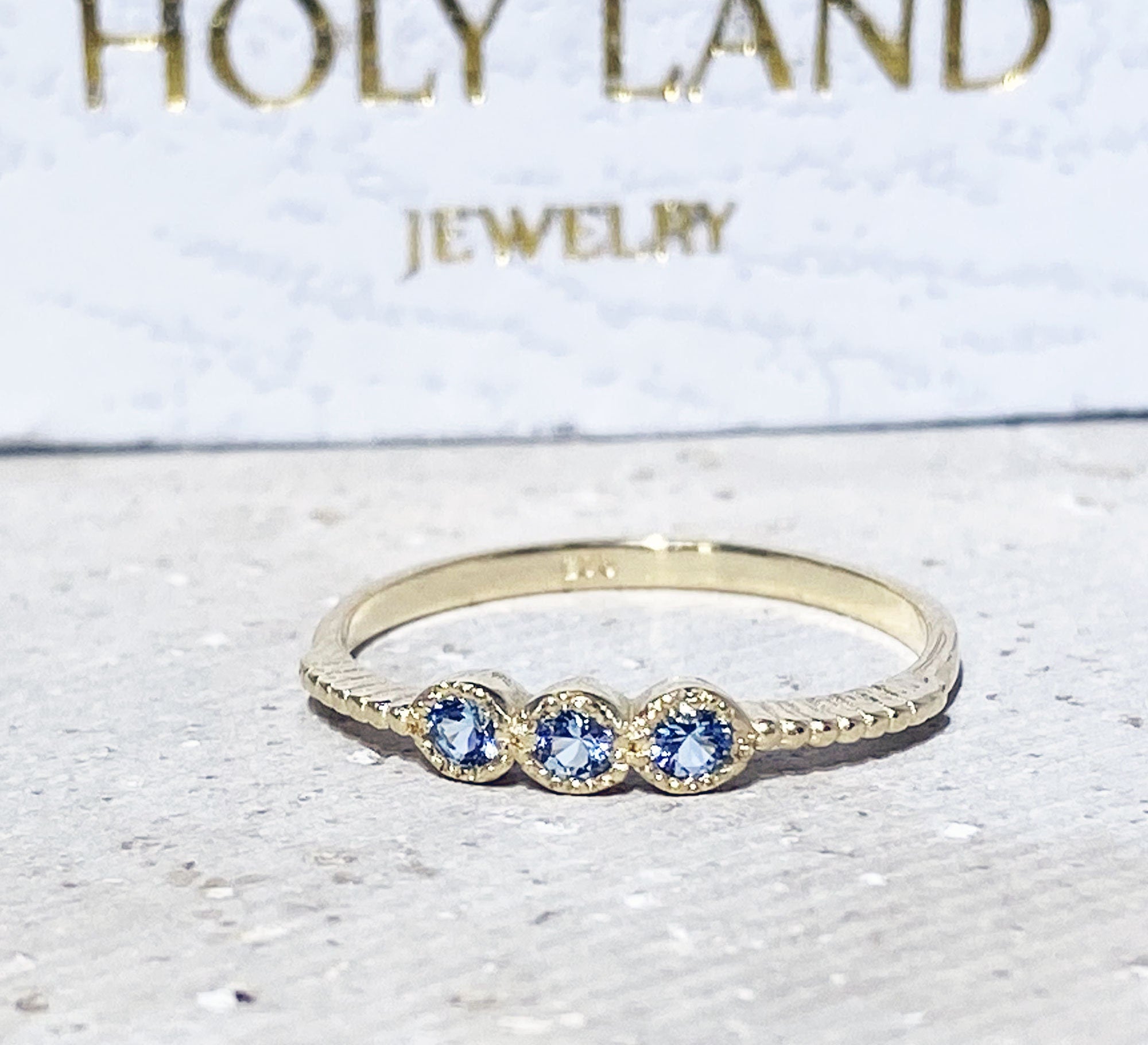 Aquamarine Ring - March Birthstone - Tiny Stacking Ring with Three Round Aquamarine Gemstones - H.L.Jewelry