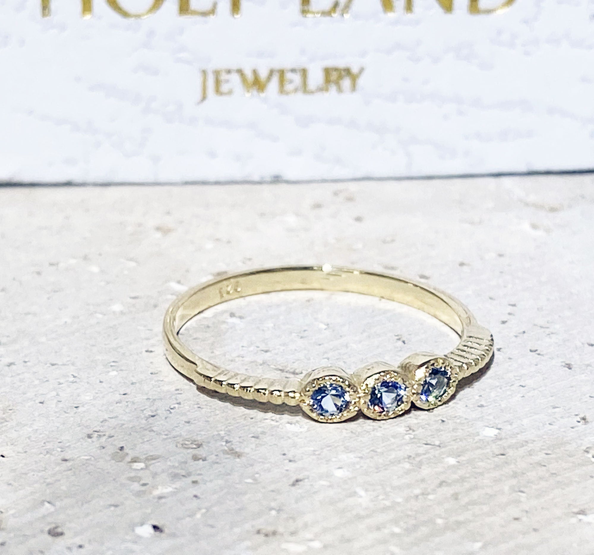 Aquamarine Ring - March Birthstone - Tiny Stacking Ring with Three Round Aquamarine Gemstones - H.L.Jewelry