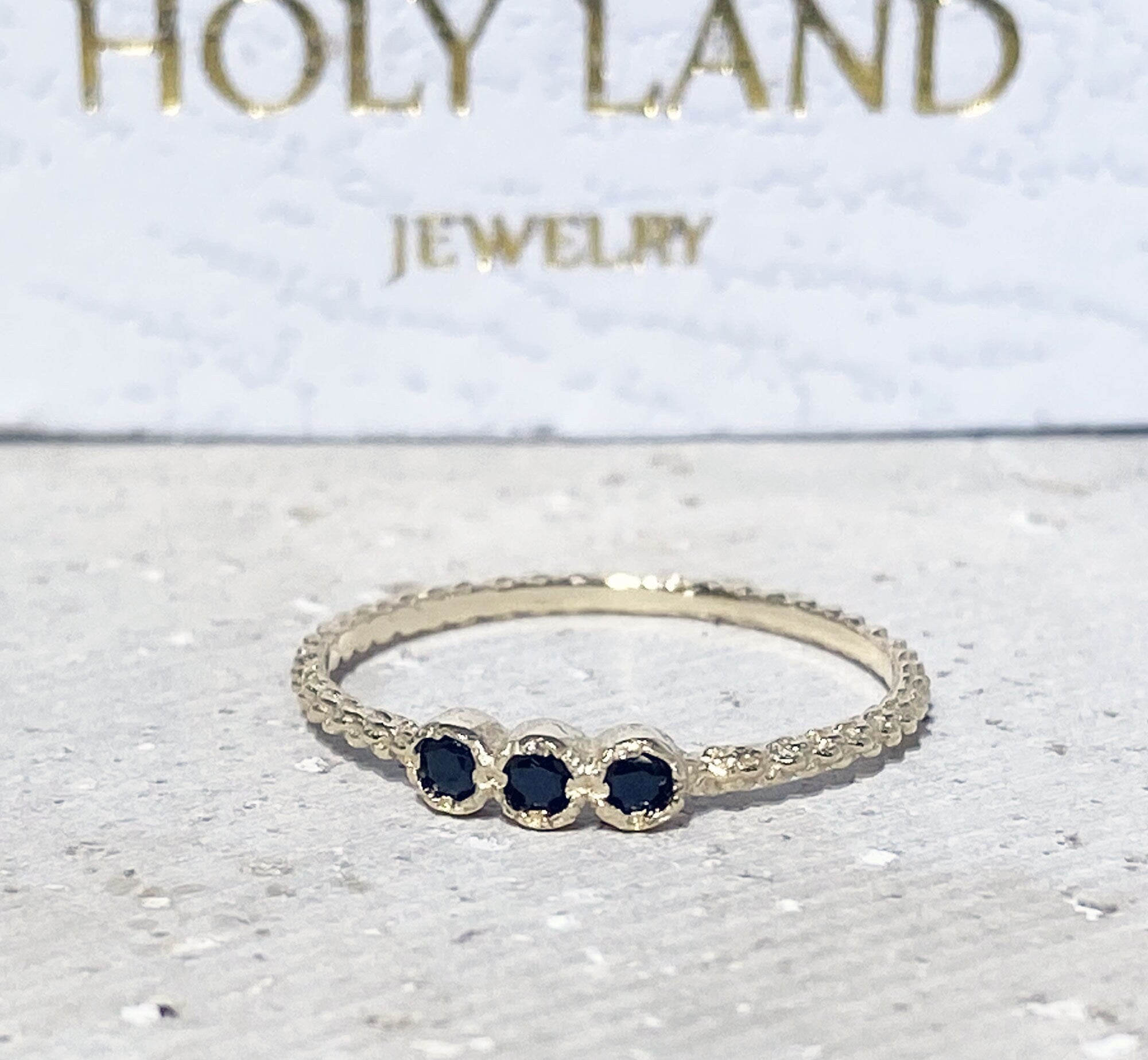 Black Onyx Ring - December Birthstone - Tiny Stacking Ring with Three Round Black Onyx Gemstones - H.L.Jewelry