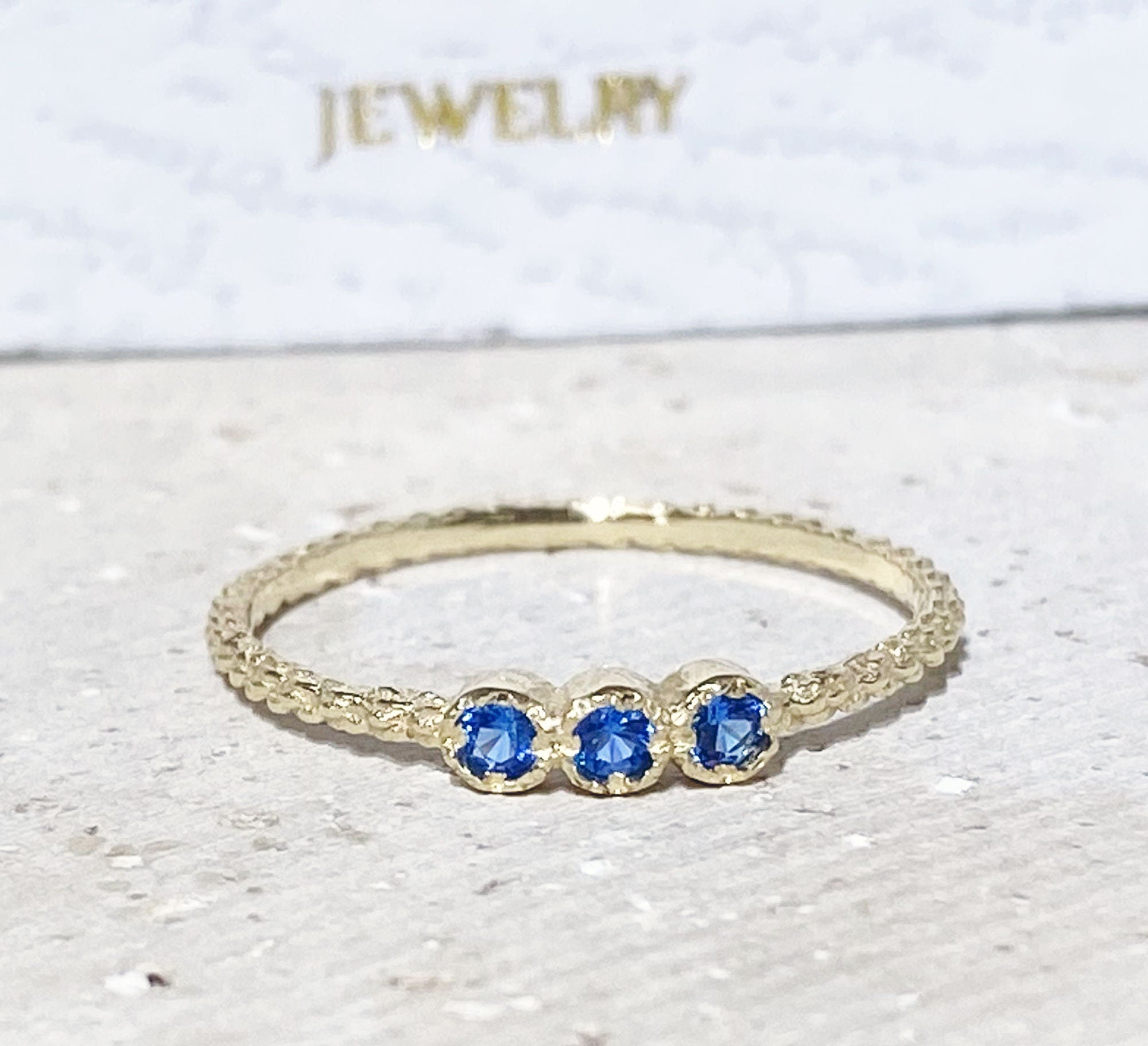 Blue Topaz Ring - December Birthstone - Delicate Stacking Ring with Three Round Blue Topaz Gemstones - H.L.Jewelry