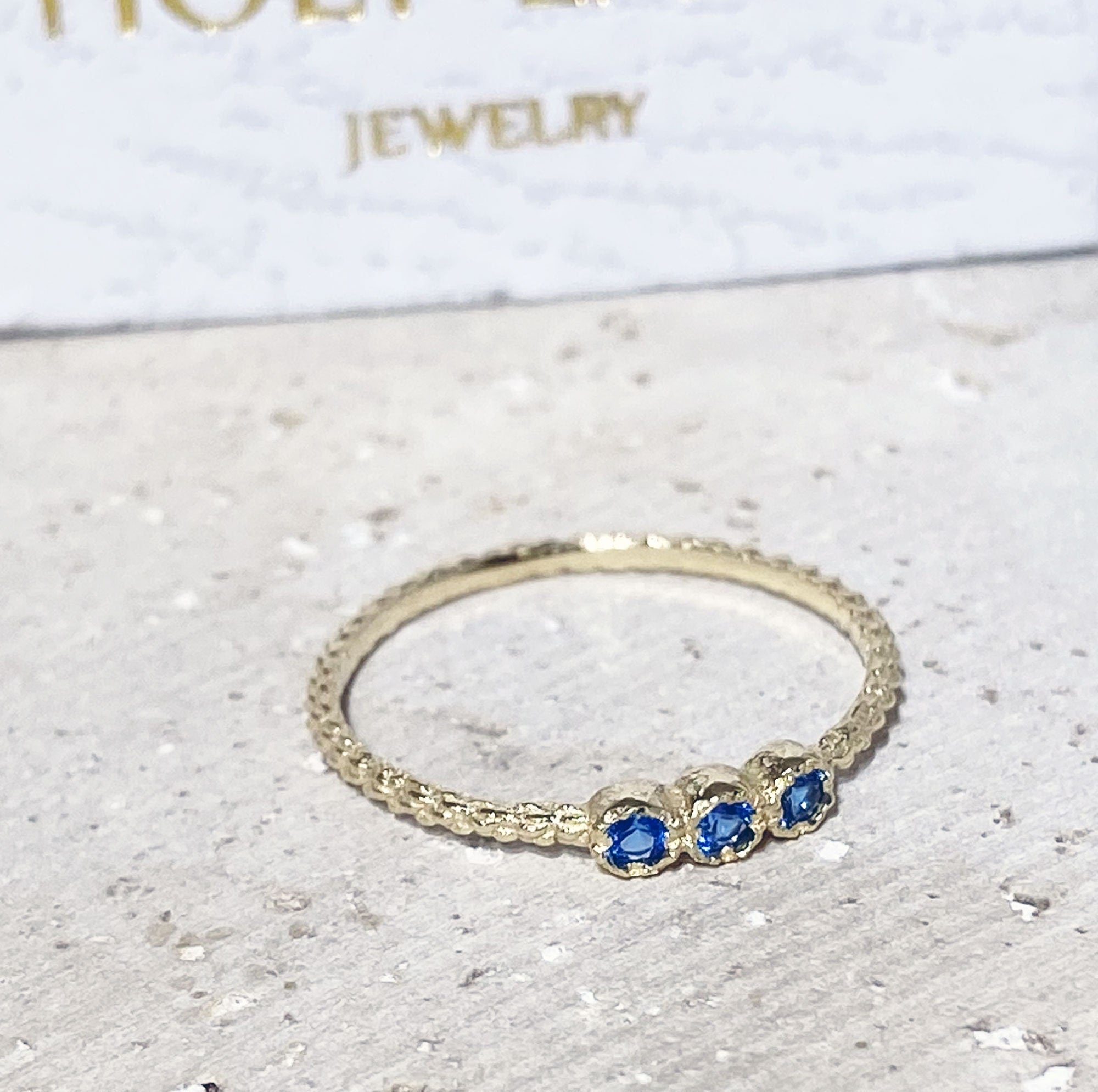 Blue Topaz Ring - December Birthstone - Delicate Stacking Ring with Three Round Blue Topaz Gemstones - H.L.Jewelry