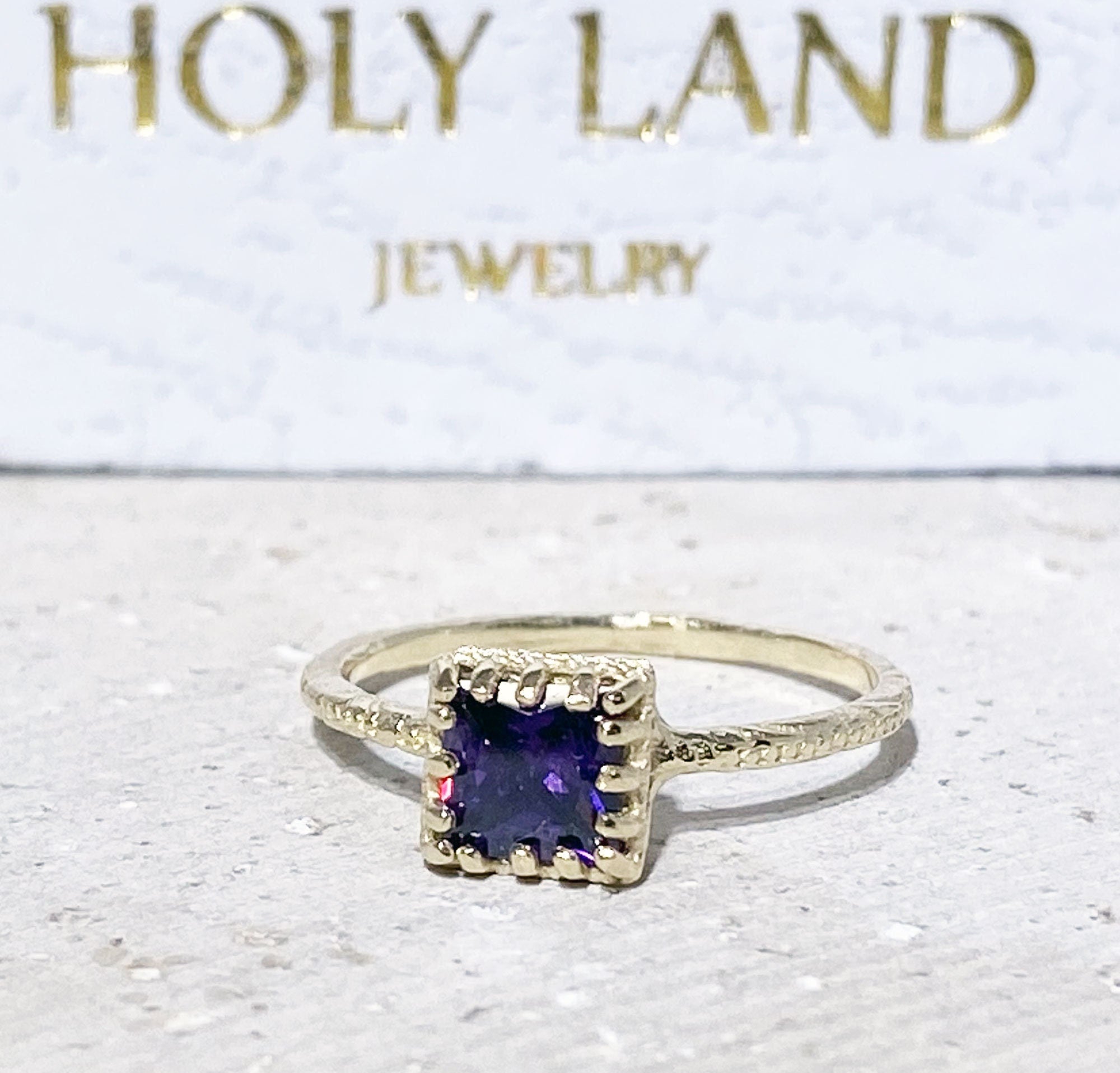 Amethyst Ring - February Birthstone - Delicate Hammered Ring with Square Purple Amethyst - H.L.Jewelry