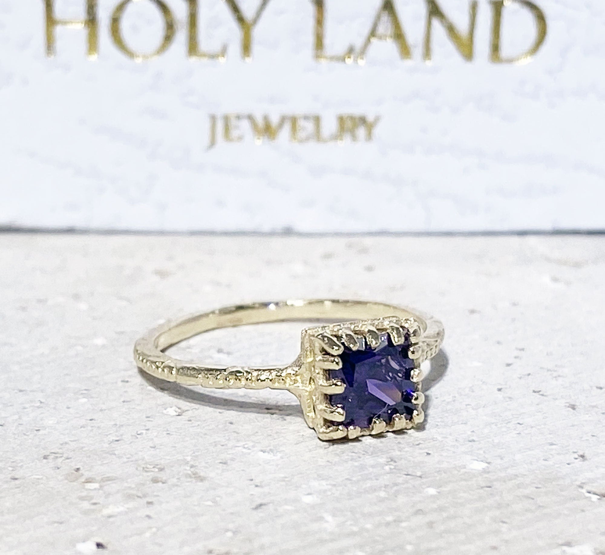 Amethyst Ring - February Birthstone - Delicate Hammered Ring with Square Purple Amethyst - H.L.Jewelry