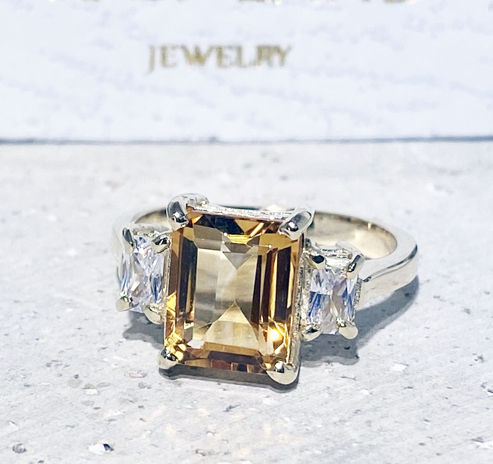 Citrine ring - November Birthstone - Octagon Citrine Gemstone Statement Engagement Ring with Clear Quartz Accents - H.L.Jewelry