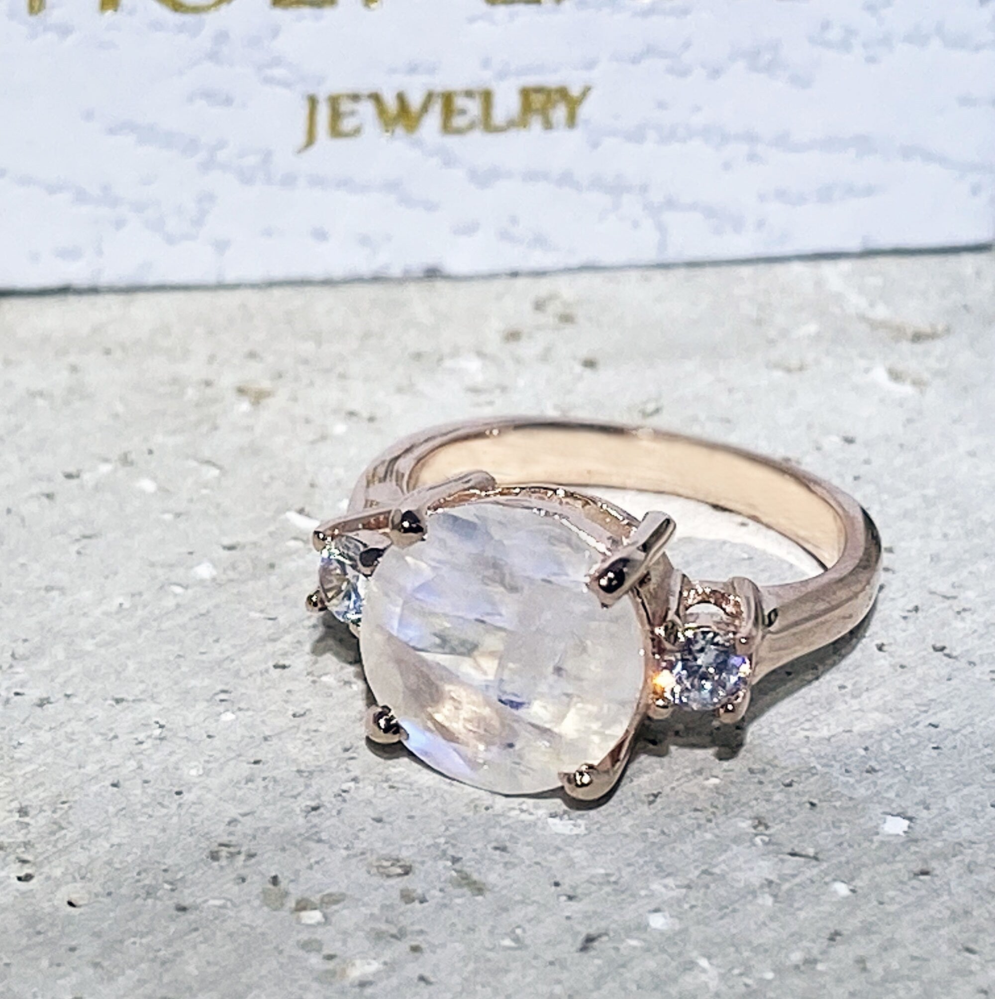 Rainbow Moonstone Ring - June Birthstone - Round Rainbow Moonstone Statement Engagement Ring with Clear Quartz Accents - H.L.Jewelry