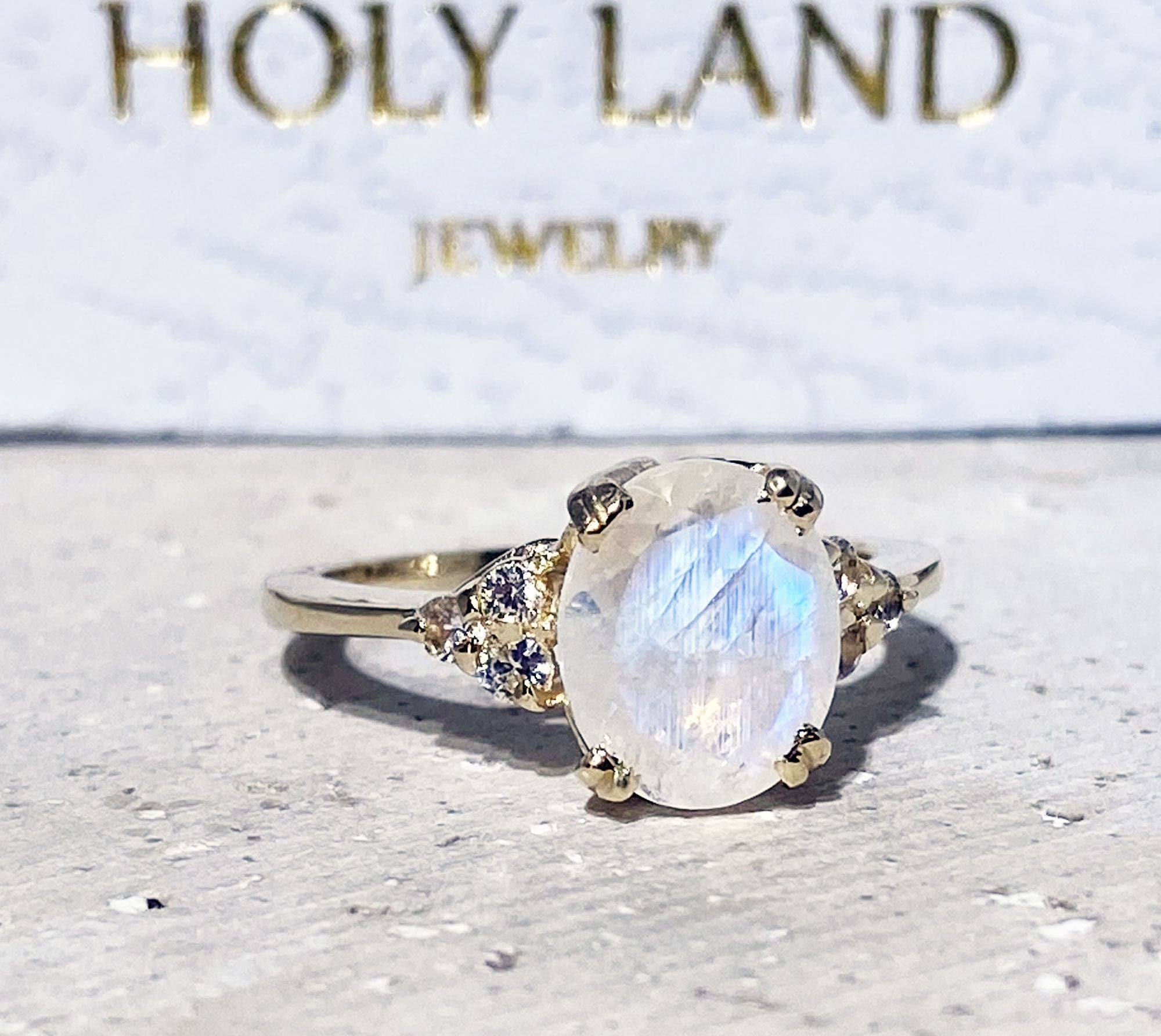 Rainbow Moonstone Ring - June Birthstone - Oval Rainbow Moonstone Statement Engagement Ring with Clear Quartz Accents - H.L.Jewelry