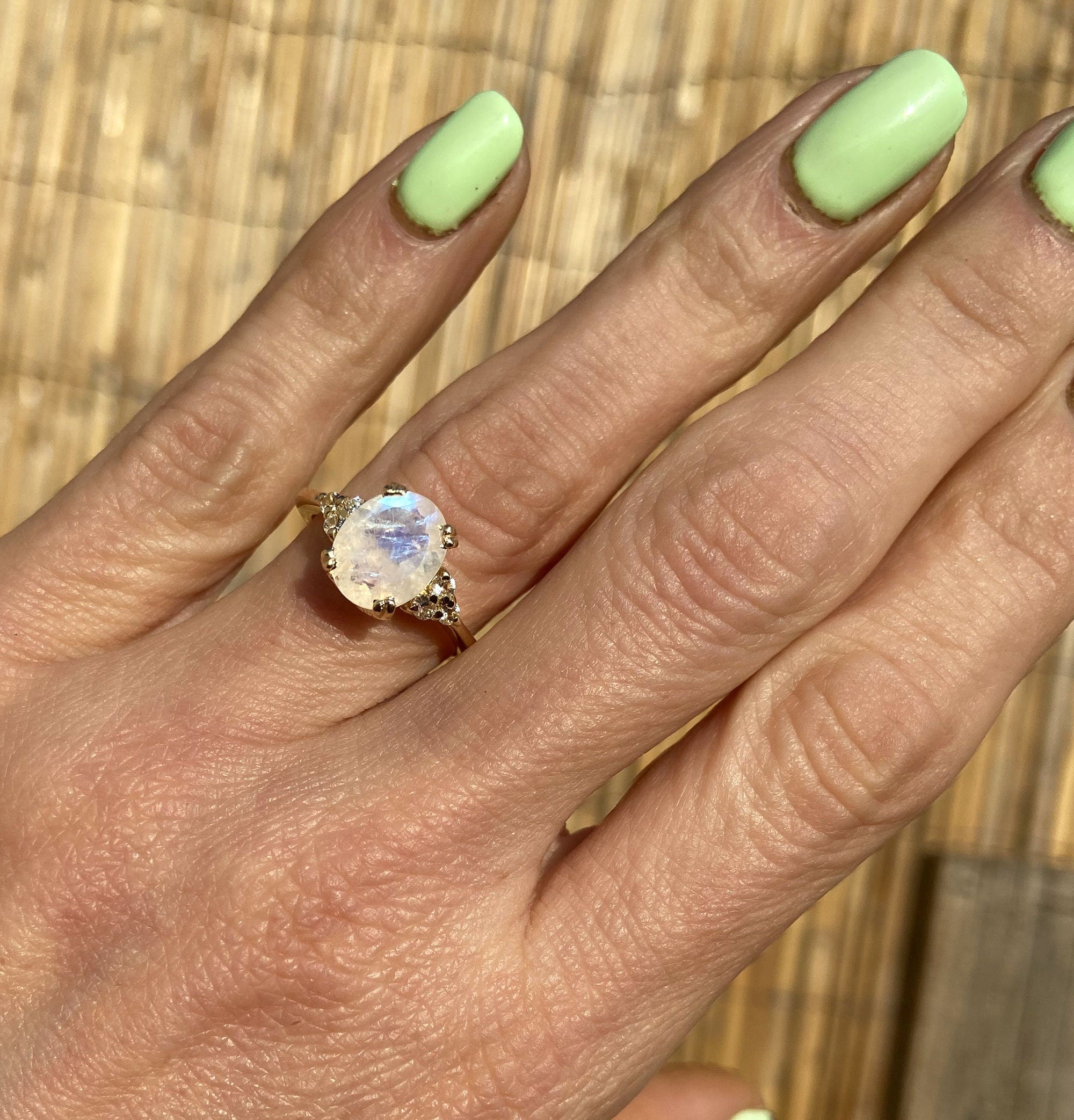 Rainbow Moonstone Ring - June Birthstone - Oval Rainbow Moonstone Statement Engagement Ring with Clear Quartz Accents - H.L.Jewelry