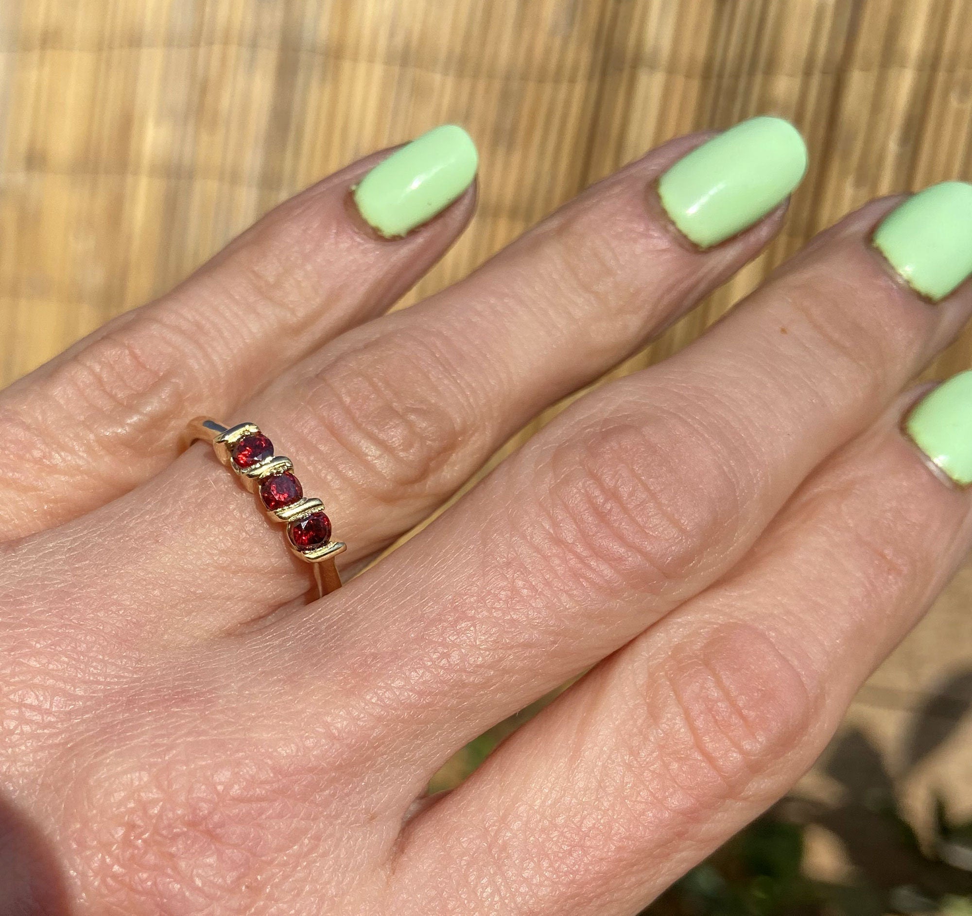 Red Garnet Ring - January Birthstone - Stacking Ring with Three Round Red Garnet Gemstone - H.L.Jewelry