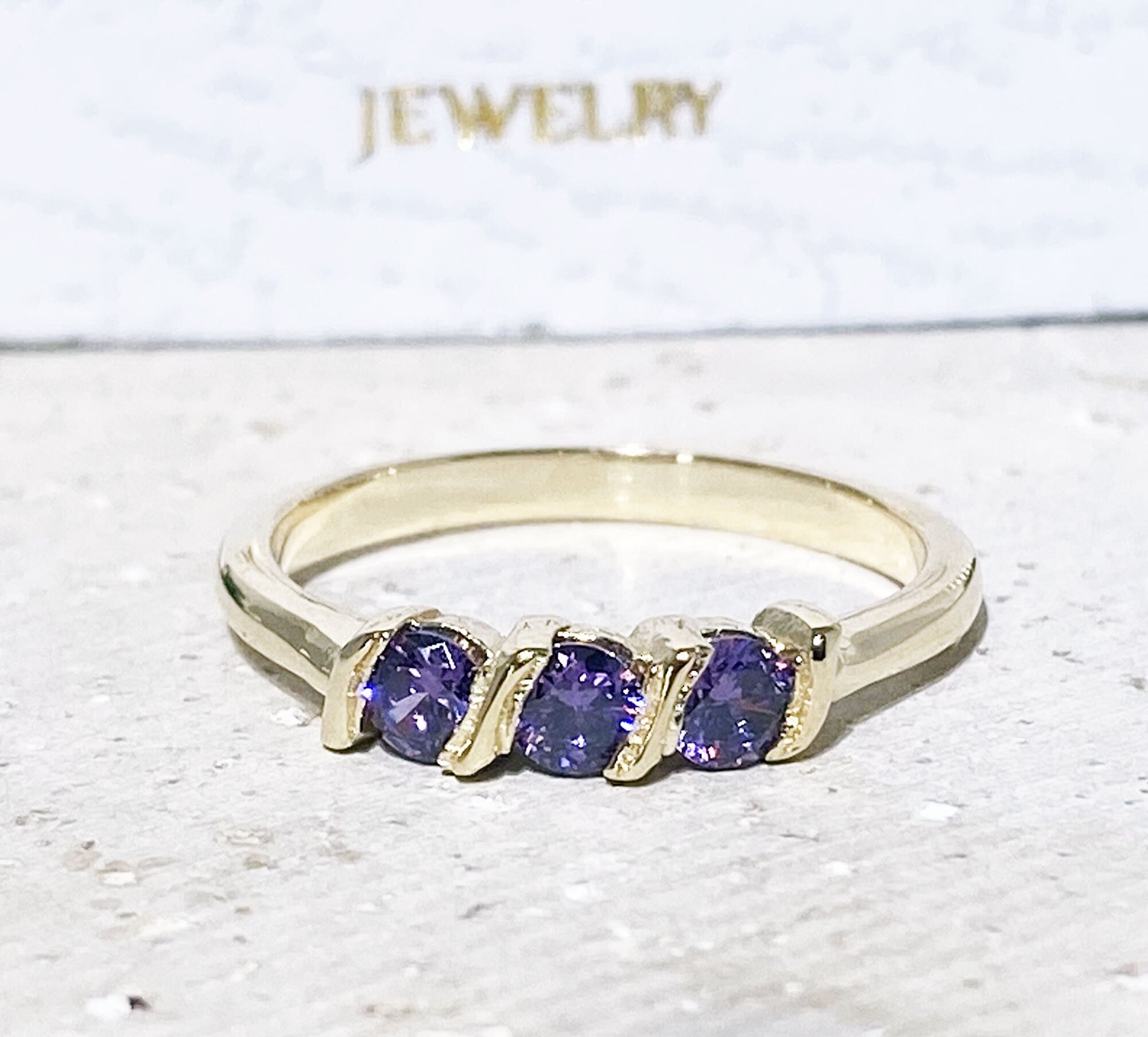 Amethyst Ring - February Birthstone - Stacking Ring with Three Round Purple Amethyst Gemstones - H.L.Jewelry