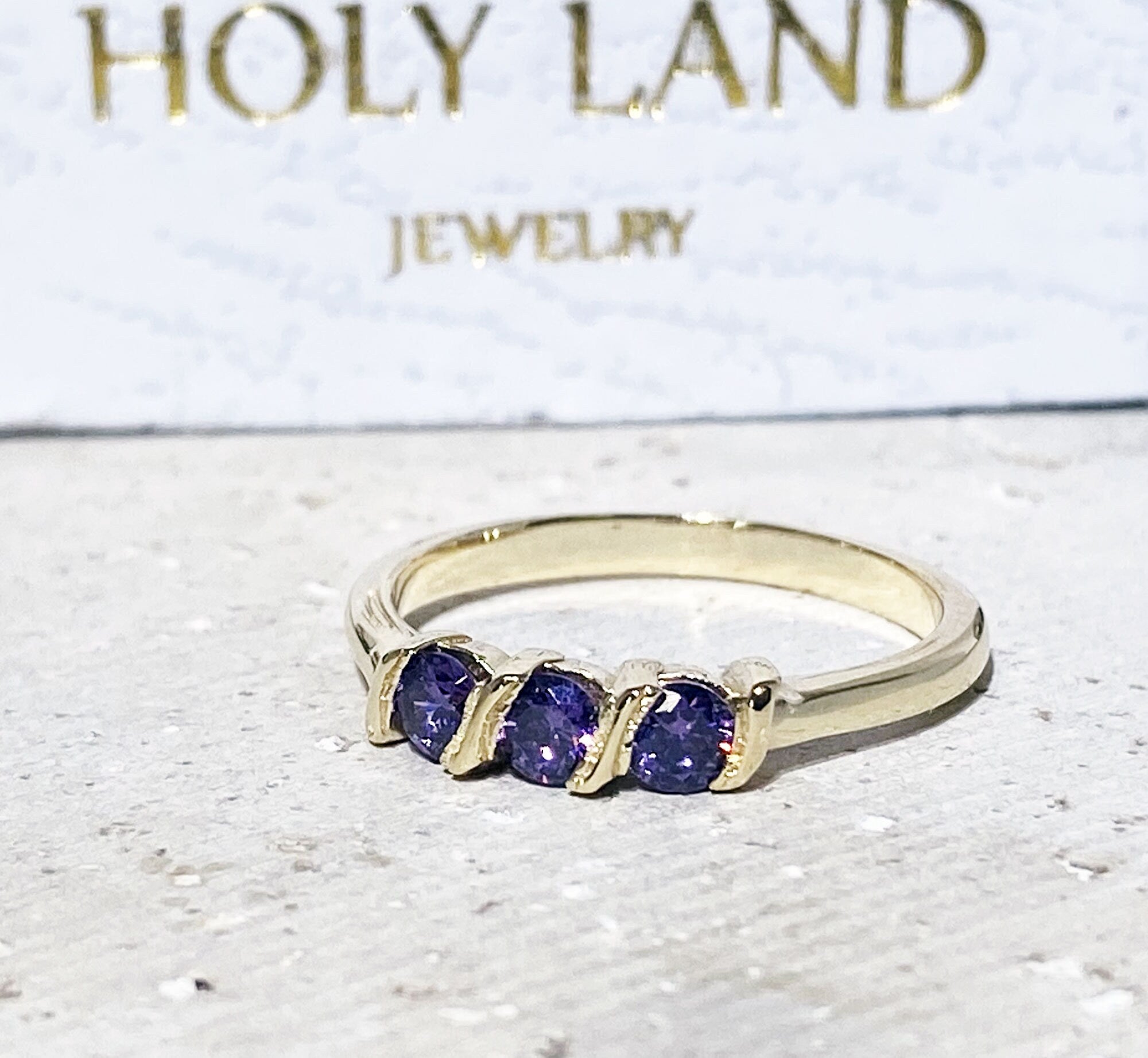 Amethyst Ring - February Birthstone - Stacking Ring with Three Round Purple Amethyst Gemstones - H.L.Jewelry